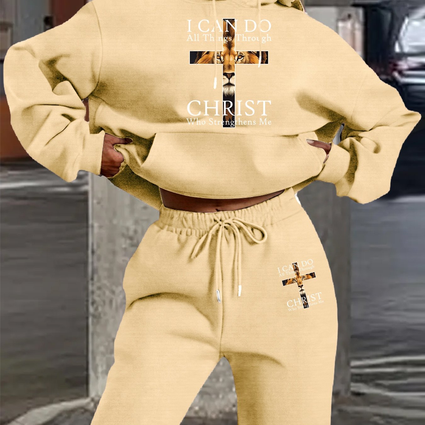 2025 Autumn Winter New Arrival, Christian Religious Letter Print Hoodie, Casual Loose Fit Warm Long Sleeve Pullover with Drawstring Waist and Pants Two-Piece Set, Women' Ribbed Two Piece Sweater Set, Airport Outfit For Women