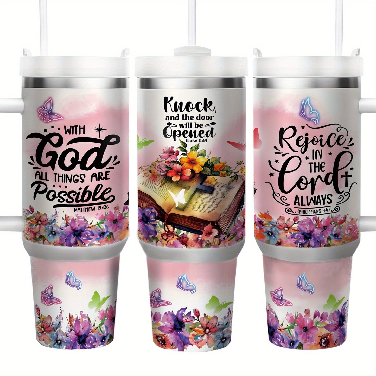 1pc 40 Ounces Insulated Stainless Steel Coffee Mug Water Bottle, "with God All Things Are Possible" - Large Capacity
