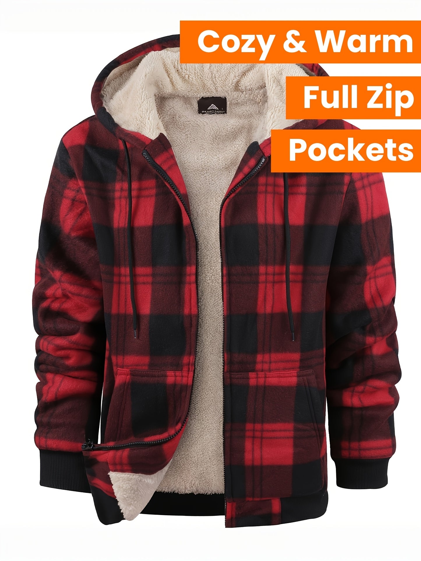 Divine Power Mens Plaid Fleece Hooded Jacket With Zipper