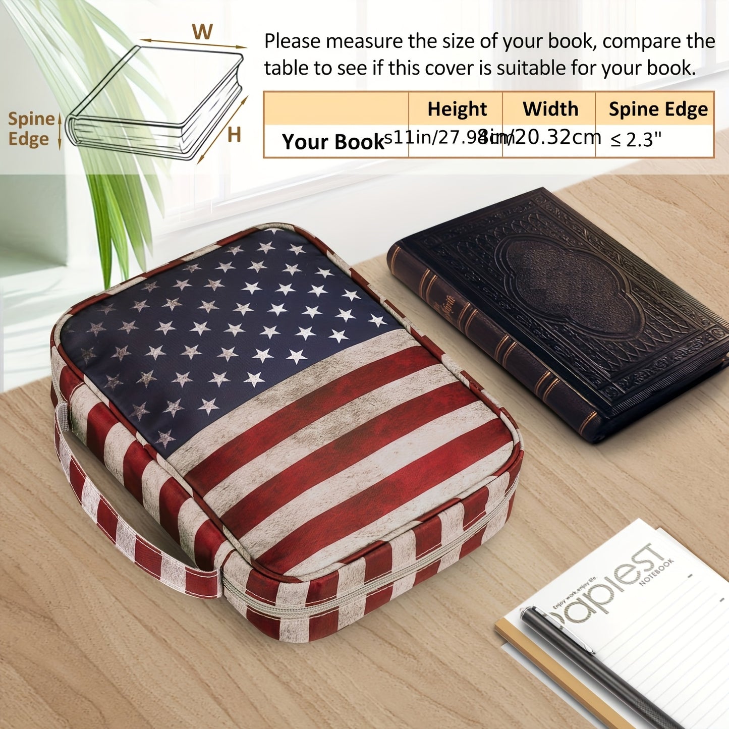 American Flag PU Leather Bible Cover with Handle and Zippered Pocket