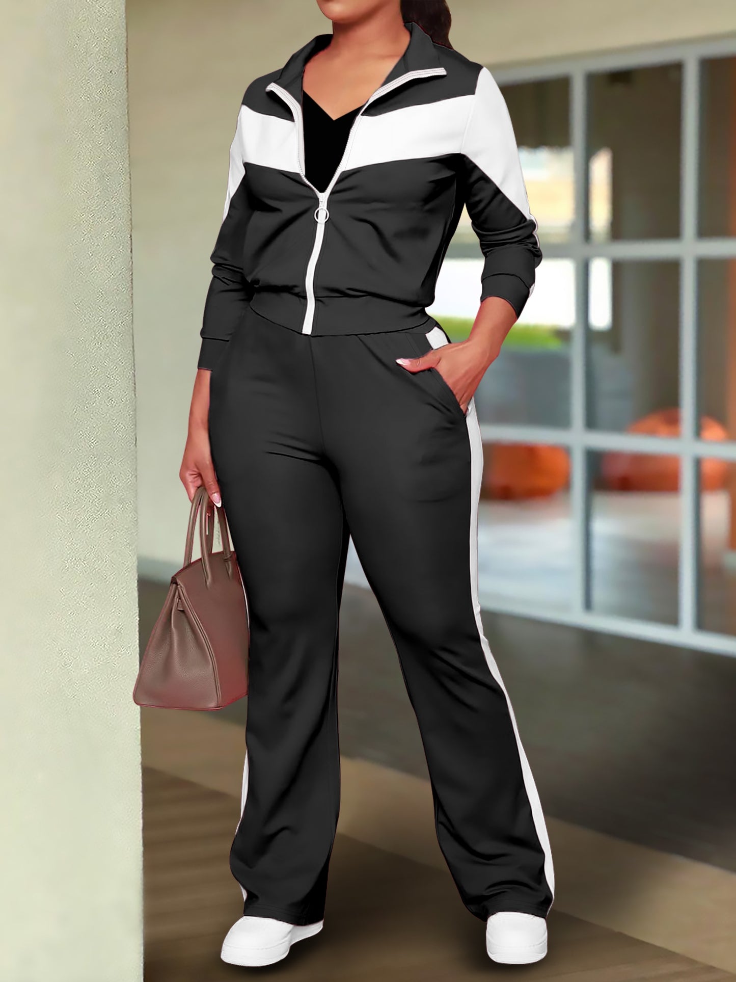 Women Fashion Sports Zip Up Jacket Casual Pants Set