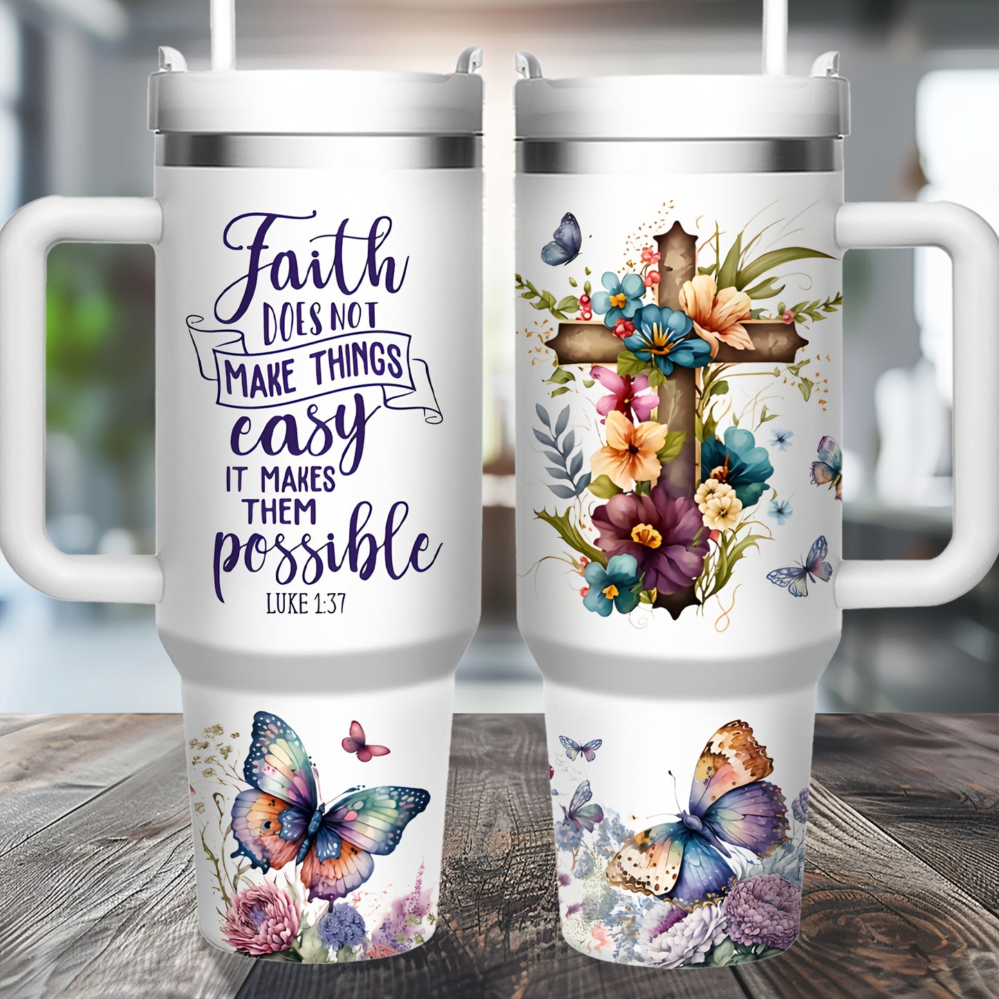 40oz Stainless Steel Insulated Coffee Cup with Lid & Straw - "Faith Doesn't Make Things Easy..."