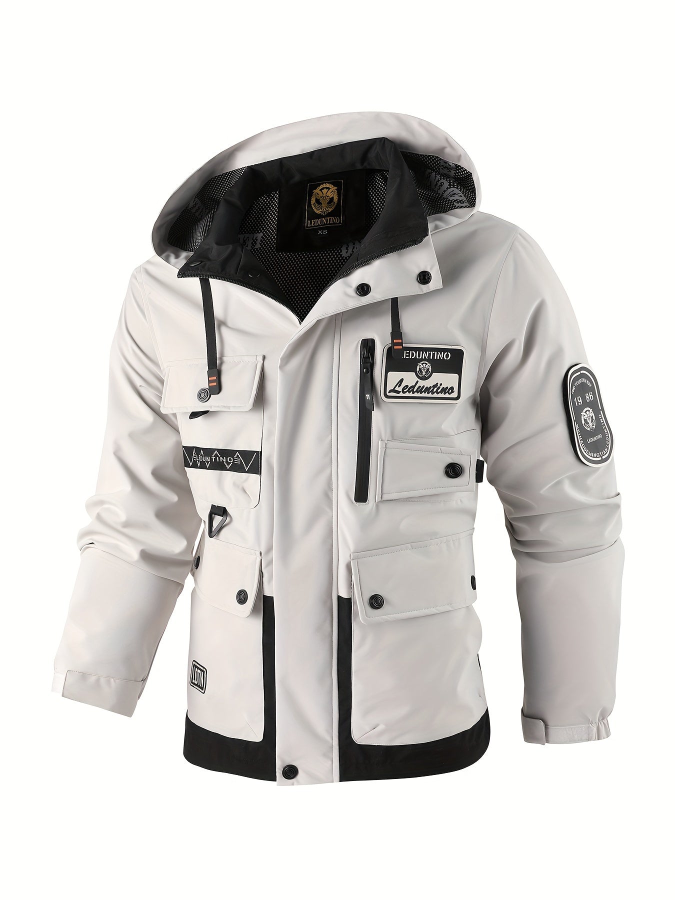 LEDUNTINO Mens Stand Collar Hooded Multi Pocket Jacket