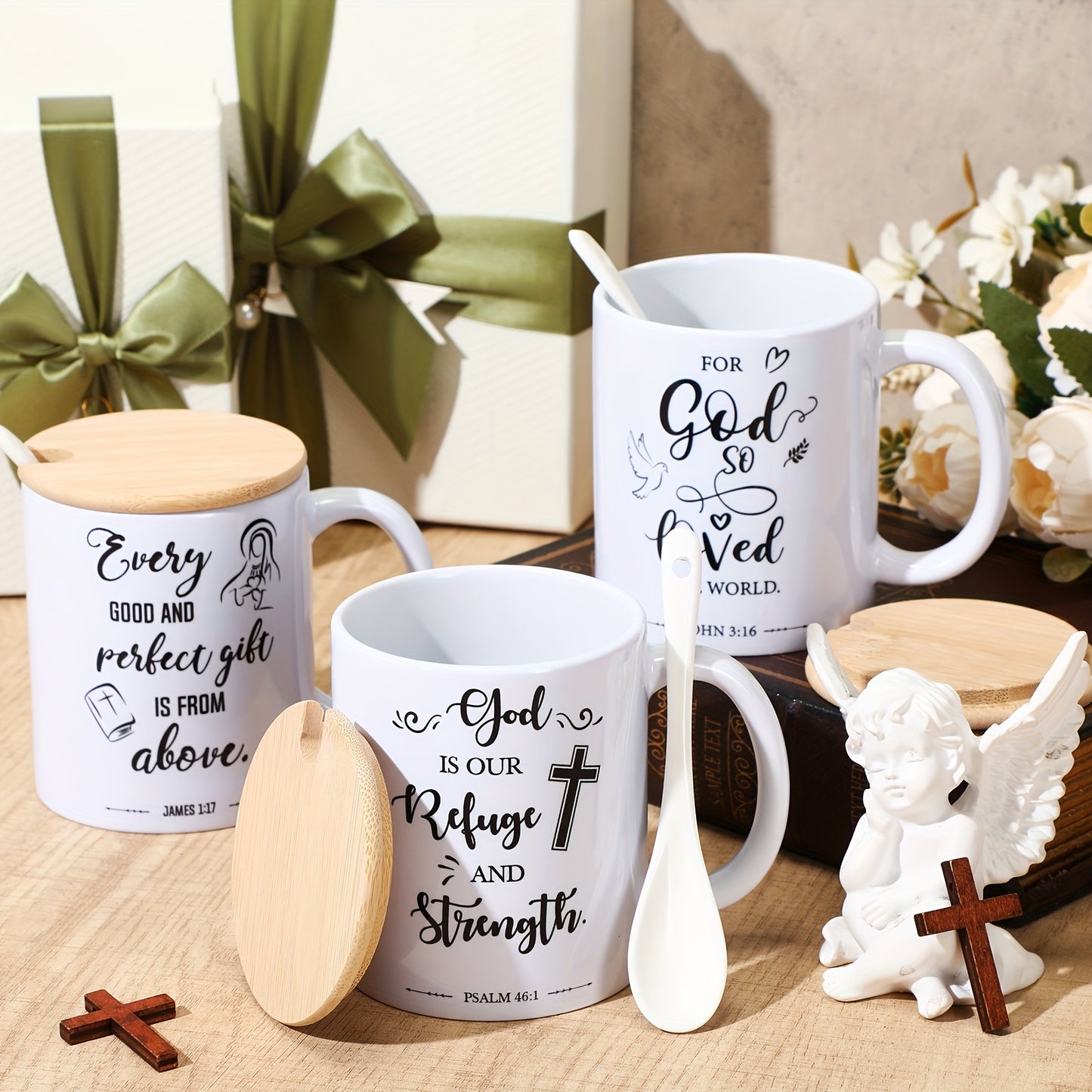 12 Sets of Christian 12oz Ceramic Coffee Mugs with Lid & Spoon, Inspirational Bible Verses