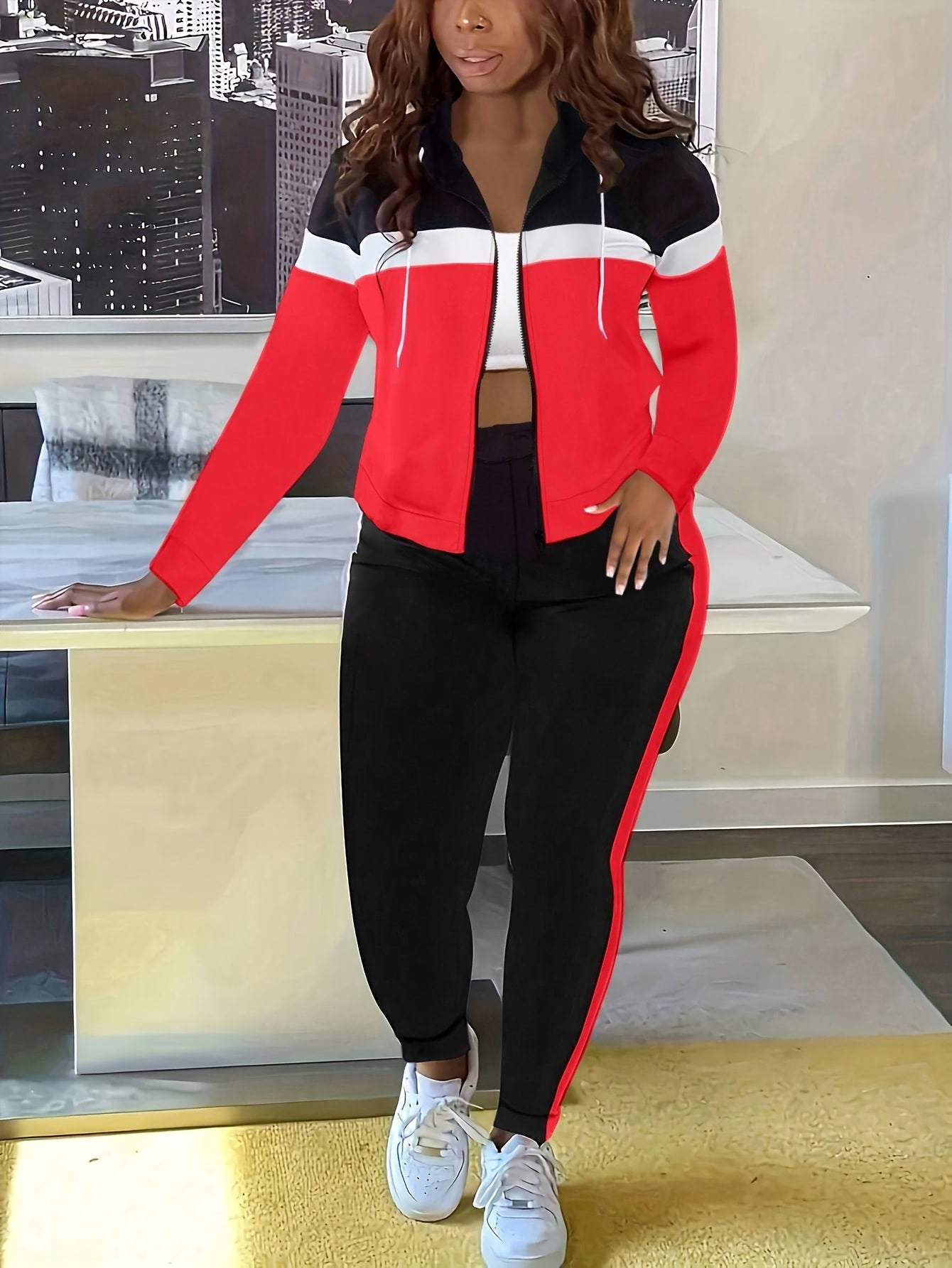 Women's Casual Striped Hooded Jacket And Pants Track Suit