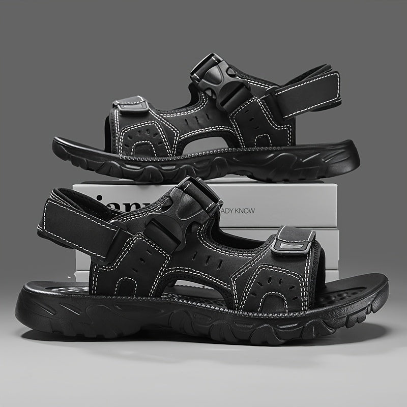 Men's Black Sandals with Adjustable Hook and Loop Closure for Comfort and Durability