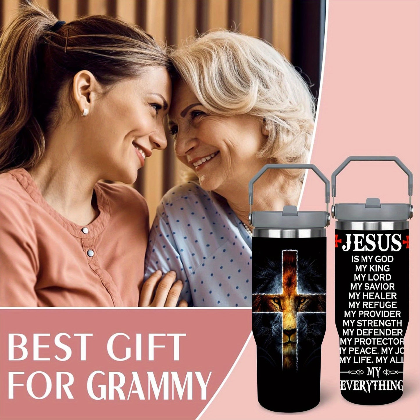 30oz Jesus Lion Cross Tumbler, Insulated Travel Mug with Spill-Proof Lid