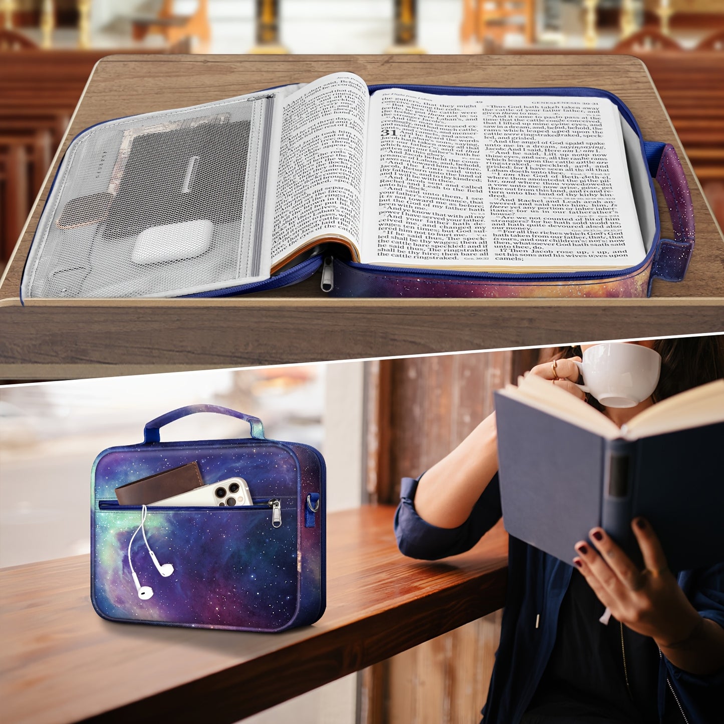 Galaxy Holy Bible Cover with Removable Pen Holder and Strap