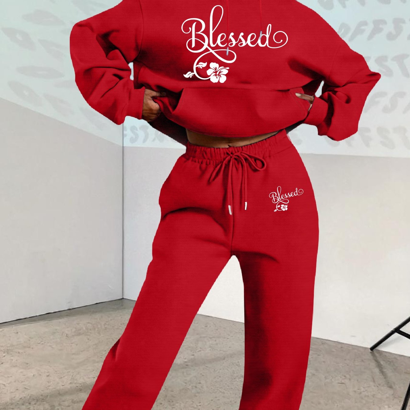 2025 Fall/Winter New Arrival, Creative Letter Graphic: Blessing Flower Sweatshirt Set with Casual Print Loose Warm Long-Sleeve Hooded Pullover and Elastic Drawstring Waist Pants Two-Piece Outfit