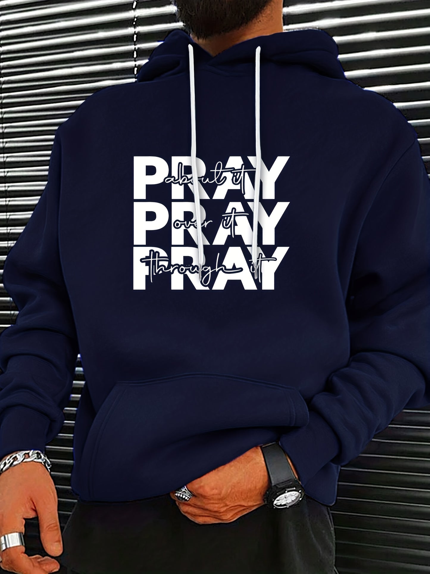 Mens Pray Graphic Hoodie Cozy Polyester Kangaroo Pocket