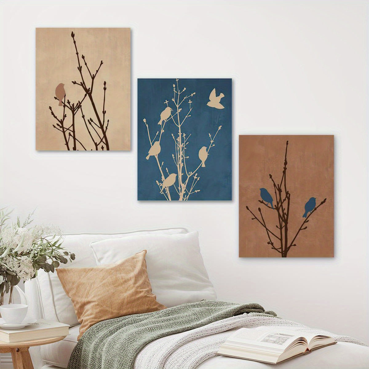 3 Pieces 2D Flat Bird Perch Art Decoration Wrapped Canvas Wall Art