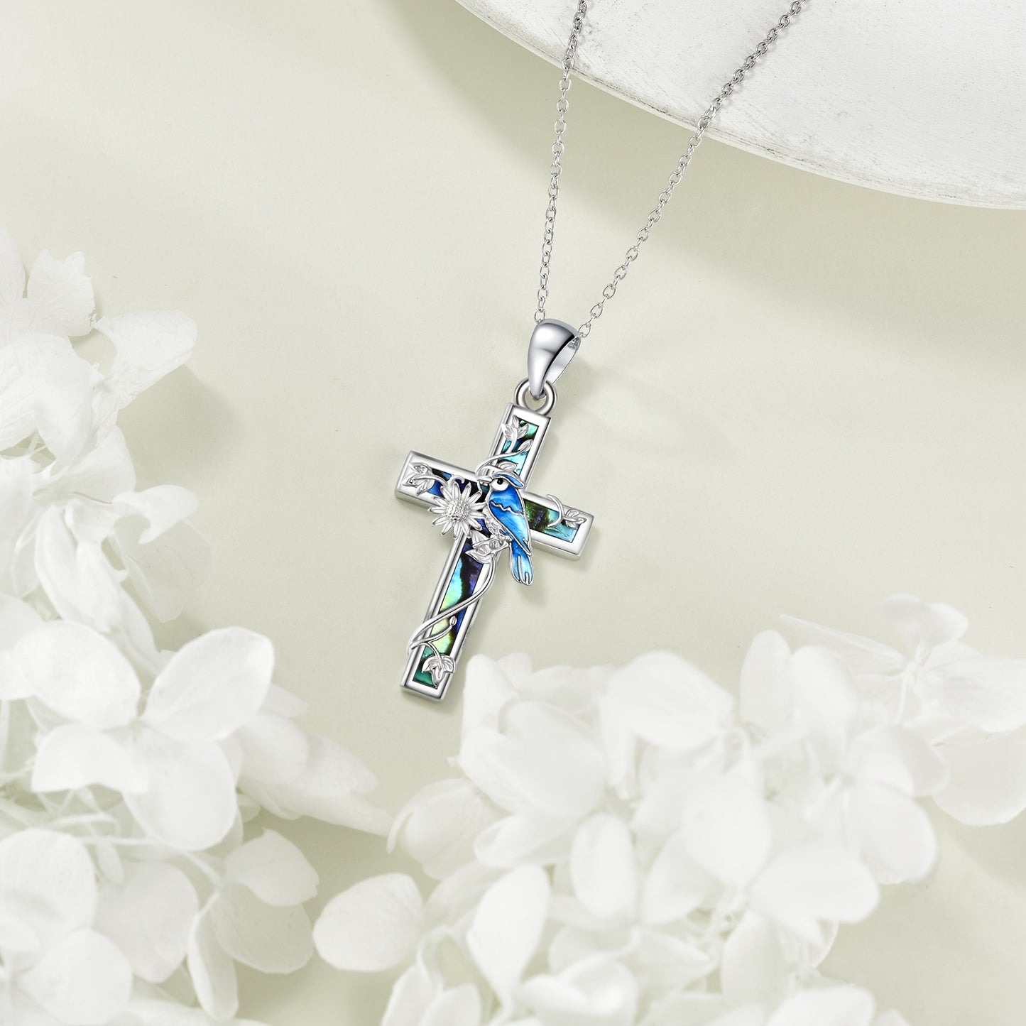 YFN Sunflower Cross Necklace Silver Abalone Pendant