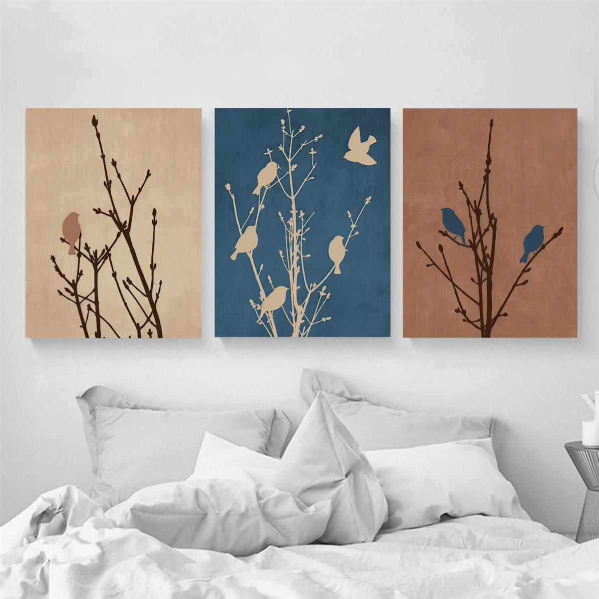 3 Pieces 2D Flat Bird Perch Art Decoration Wrapped Canvas Wall Art