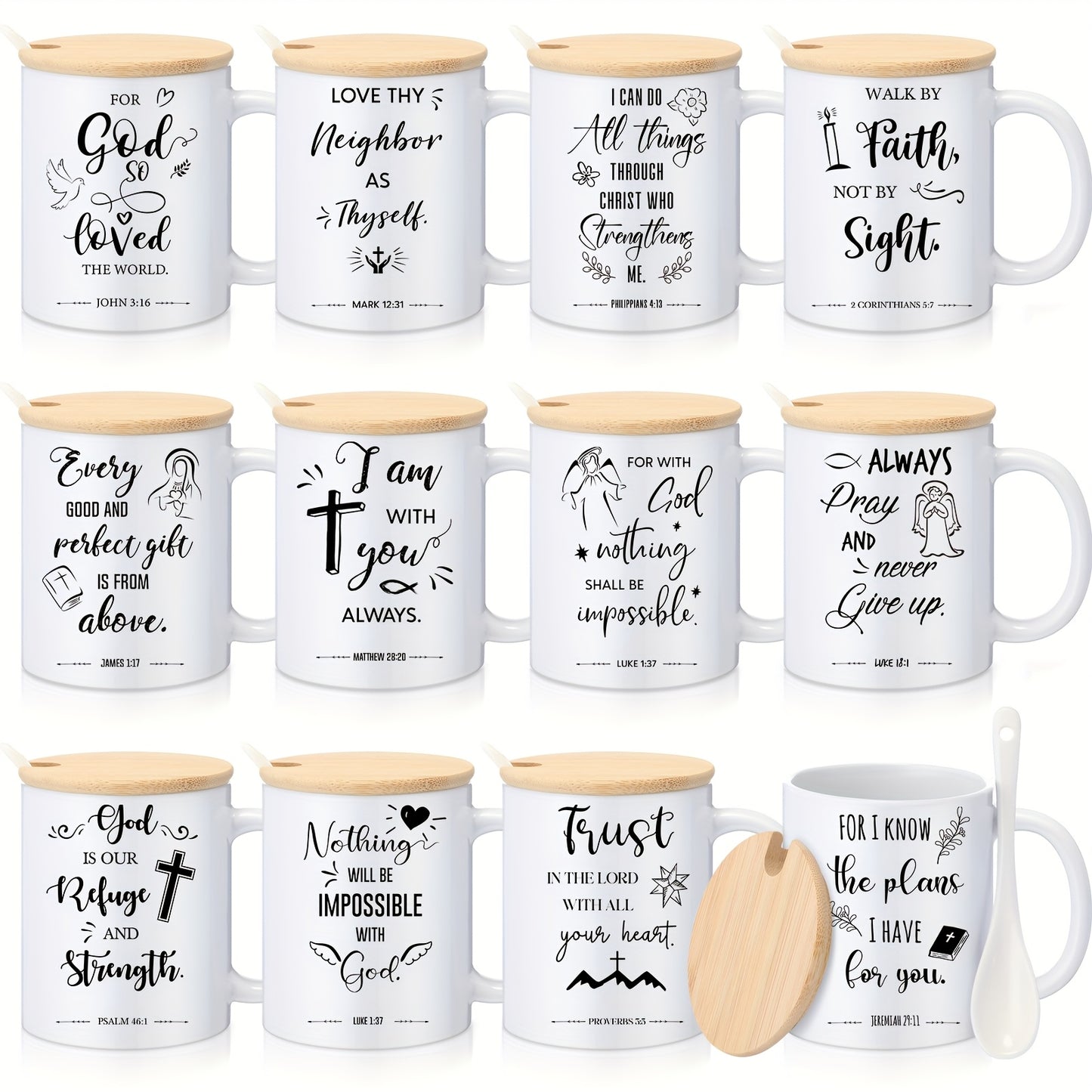 12 Sets of Christian 12oz Ceramic Coffee Mugs with Lid & Spoon, Inspirational Bible Verses