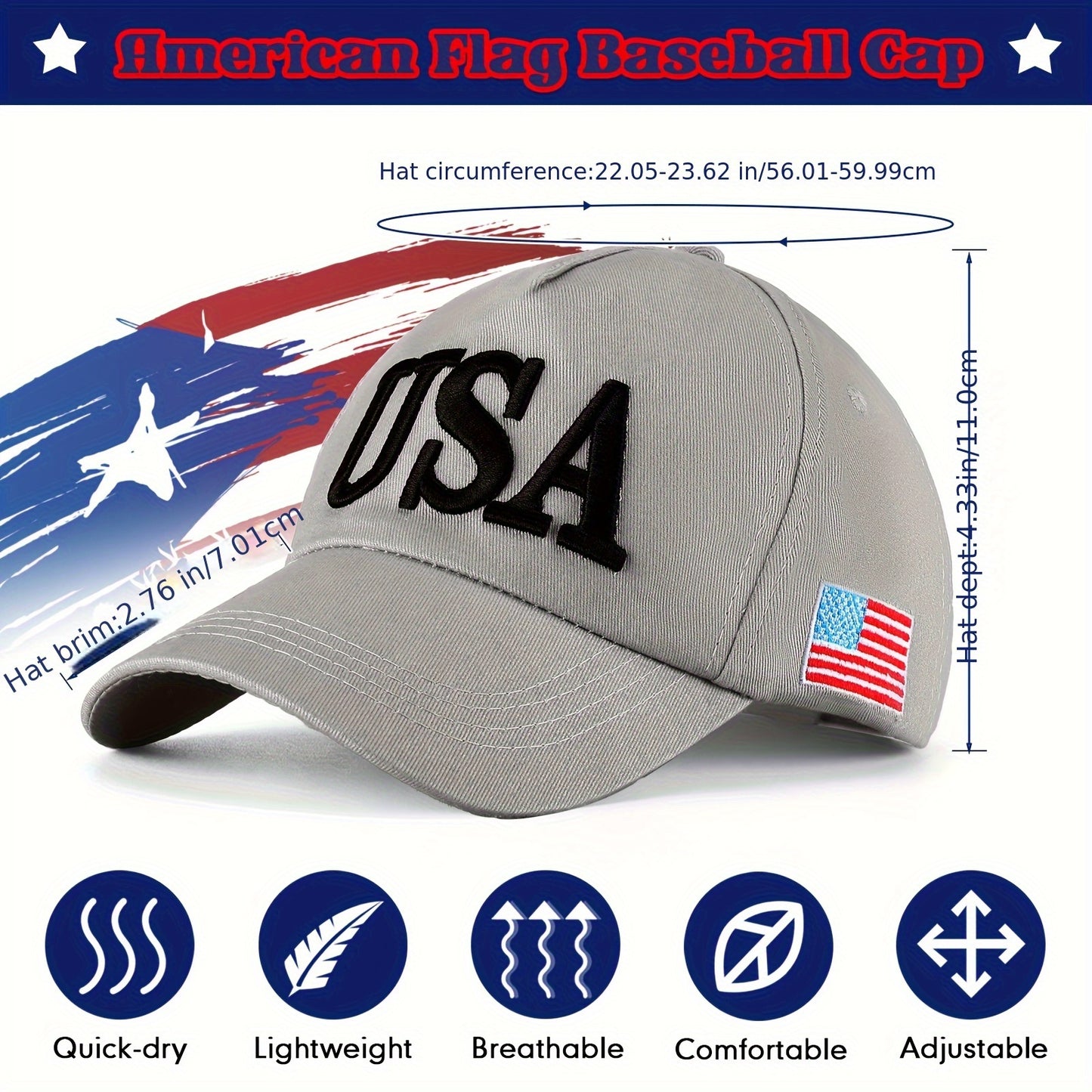 4pcs Patriotic USA Baseball Hats - Adjustable Cotton with Embroidered American Flag