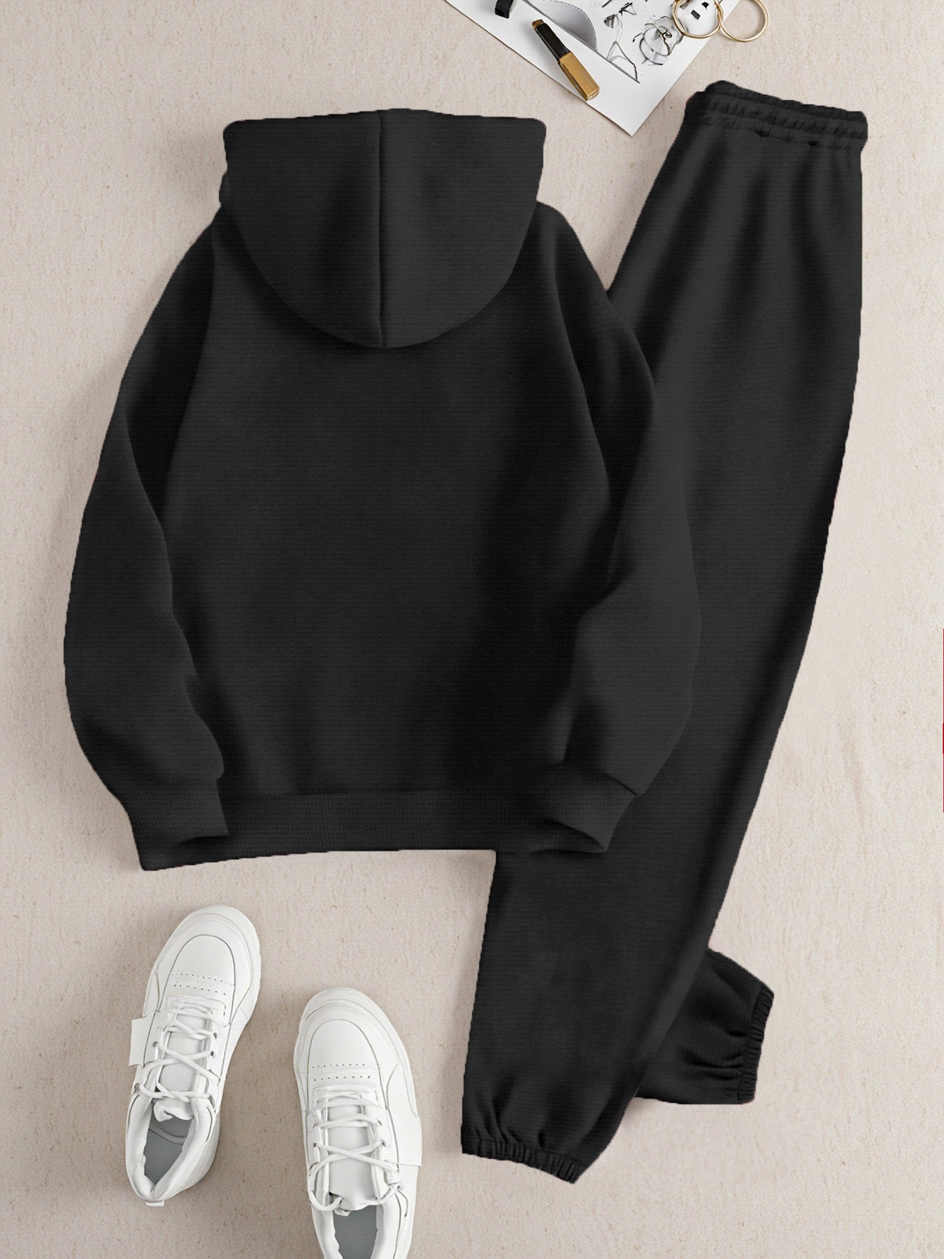 2025 Fall/Winter New Arrival, Creative Letter Graphic: Blessing Flower Sweatshirt Set with Casual Print Loose Warm Long-Sleeve Hooded Pullover and Elastic Drawstring Waist Pants Two-Piece Outfit
