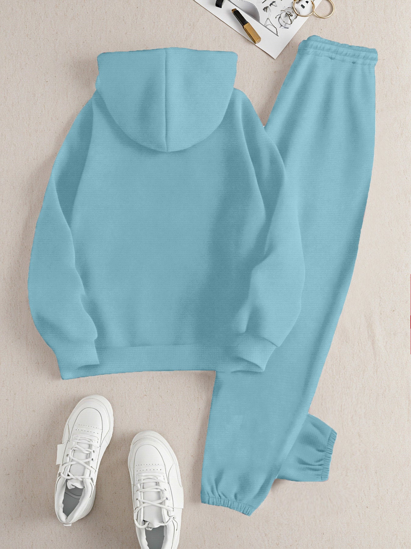2025 Fall/Winter New Arrival, Creative Letter Graphic: Blessing Flower Sweatshirt Set with Casual Print Loose Warm Long-Sleeve Hooded Pullover and Elastic Drawstring Waist Pants Two-Piece Outfit