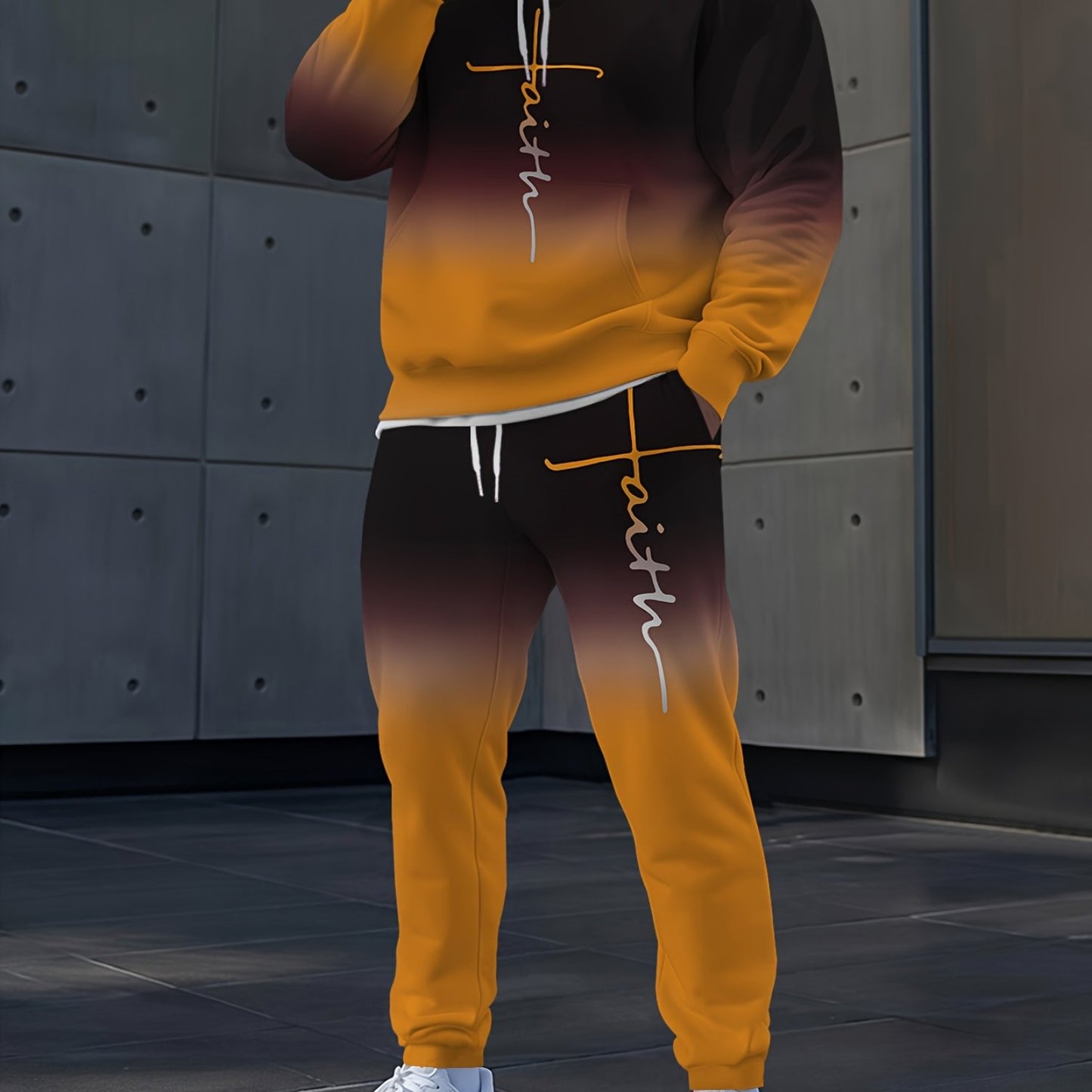 Gray Gradient Full-Body Print Hoodie & Sweatpants Set - Casual Long Sleeve Pullover