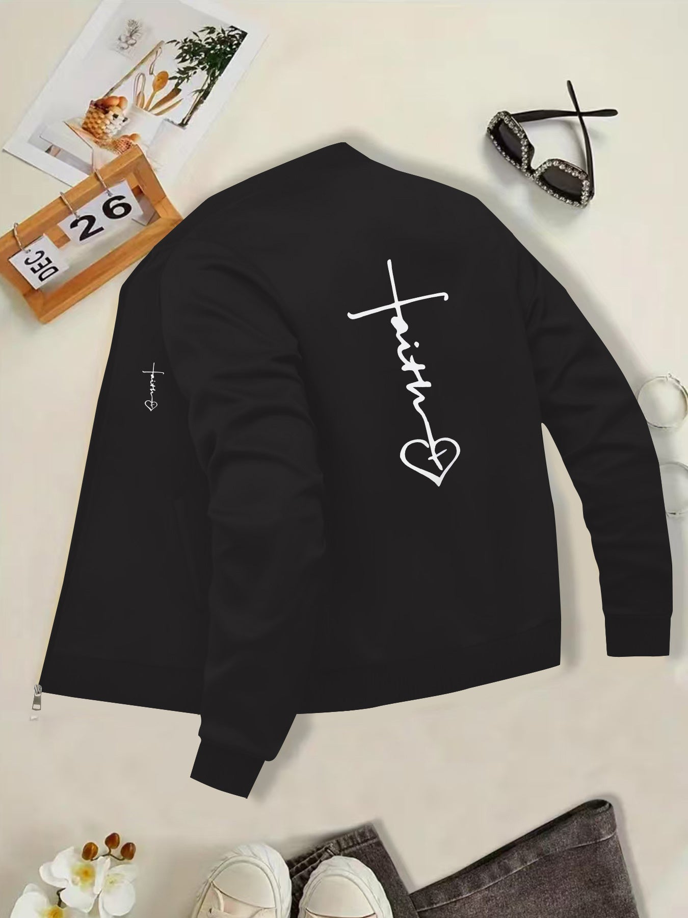 IHDP Faith Heart Print Casual Jacket Stand Collar ZipUp
