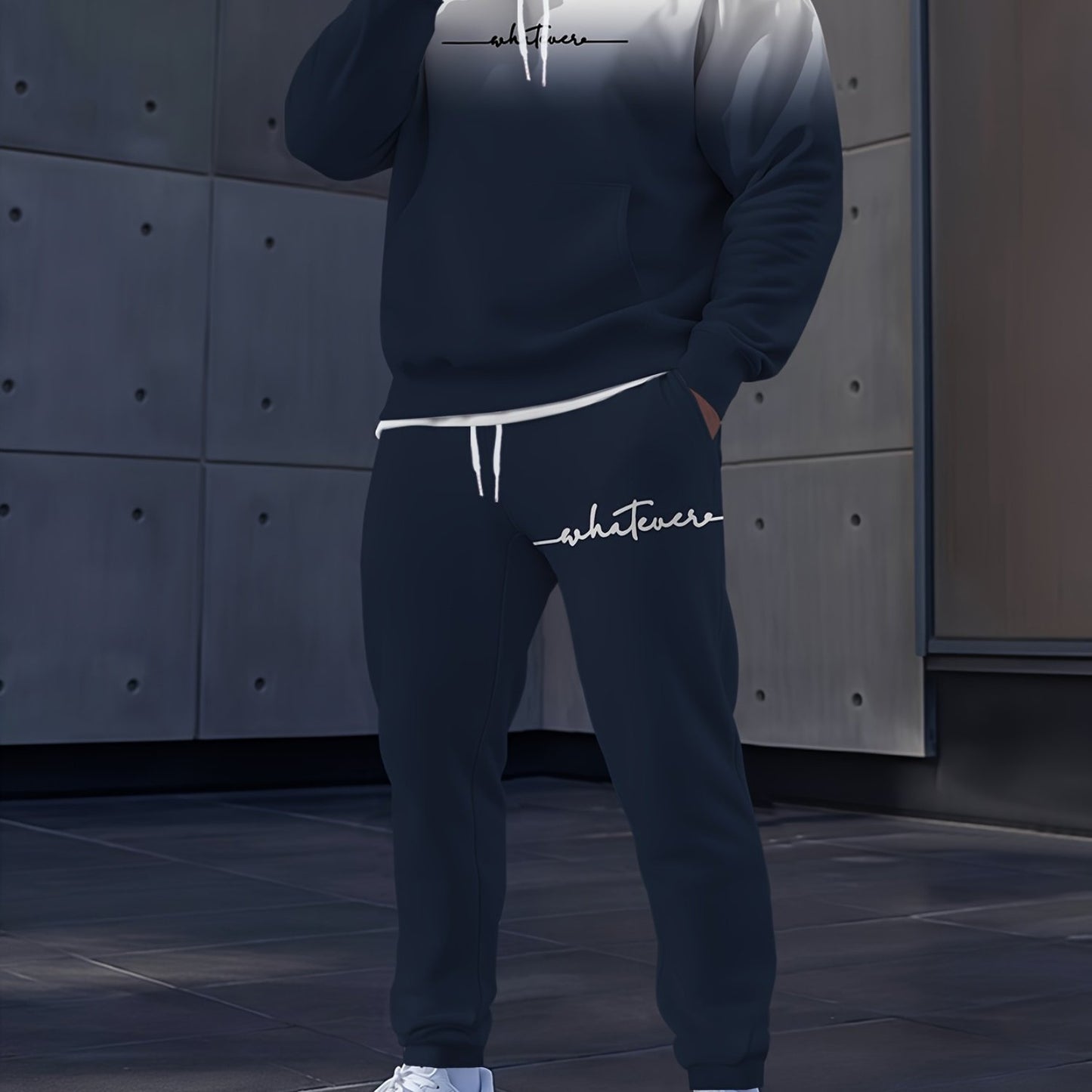 Gray Gradient Full-Body Print Hoodie & Sweatpants Set - Casual Long Sleeve Pullover