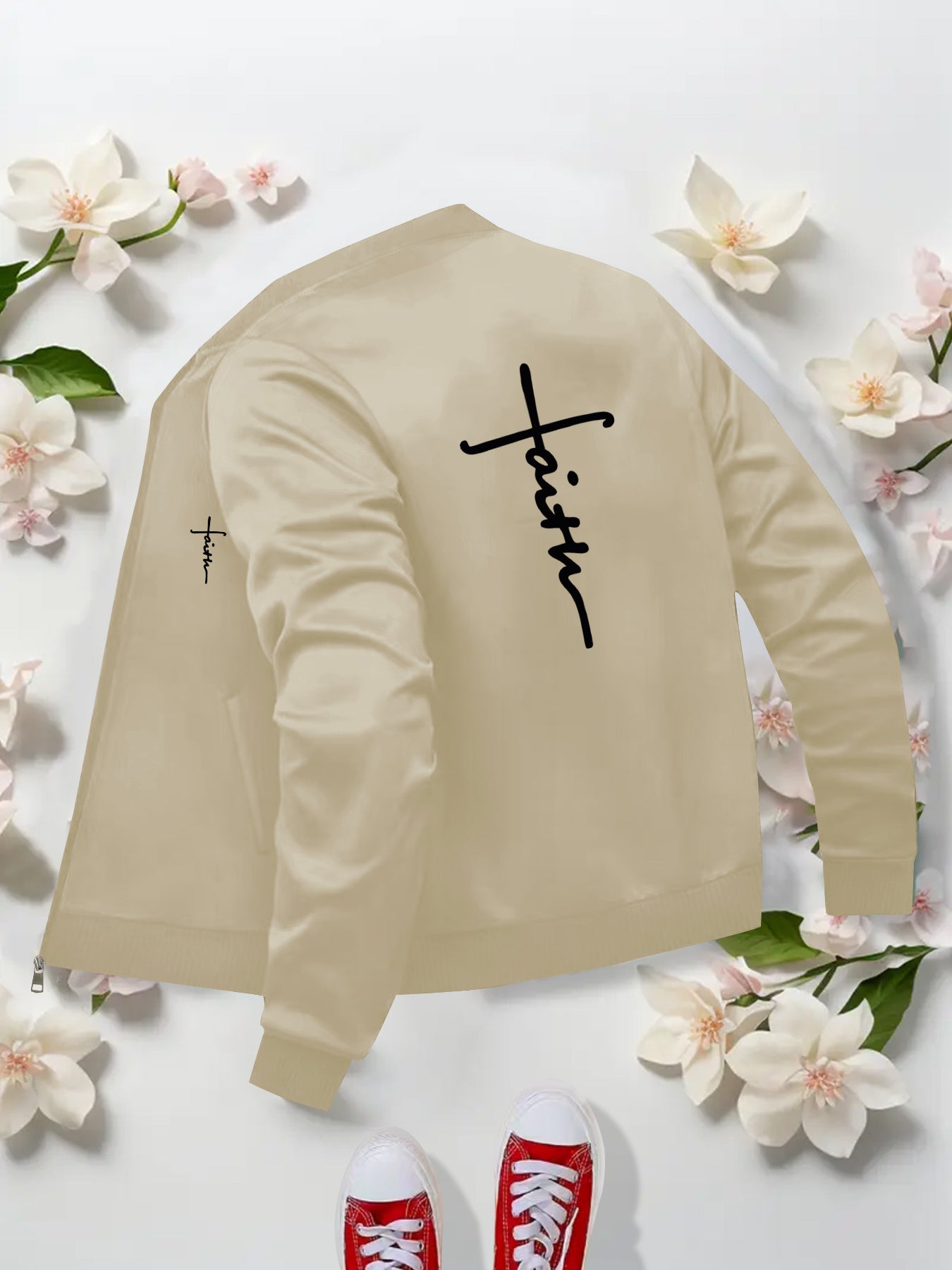 Trendy Women Bomber Jacket Faith Print Geometric Zipup