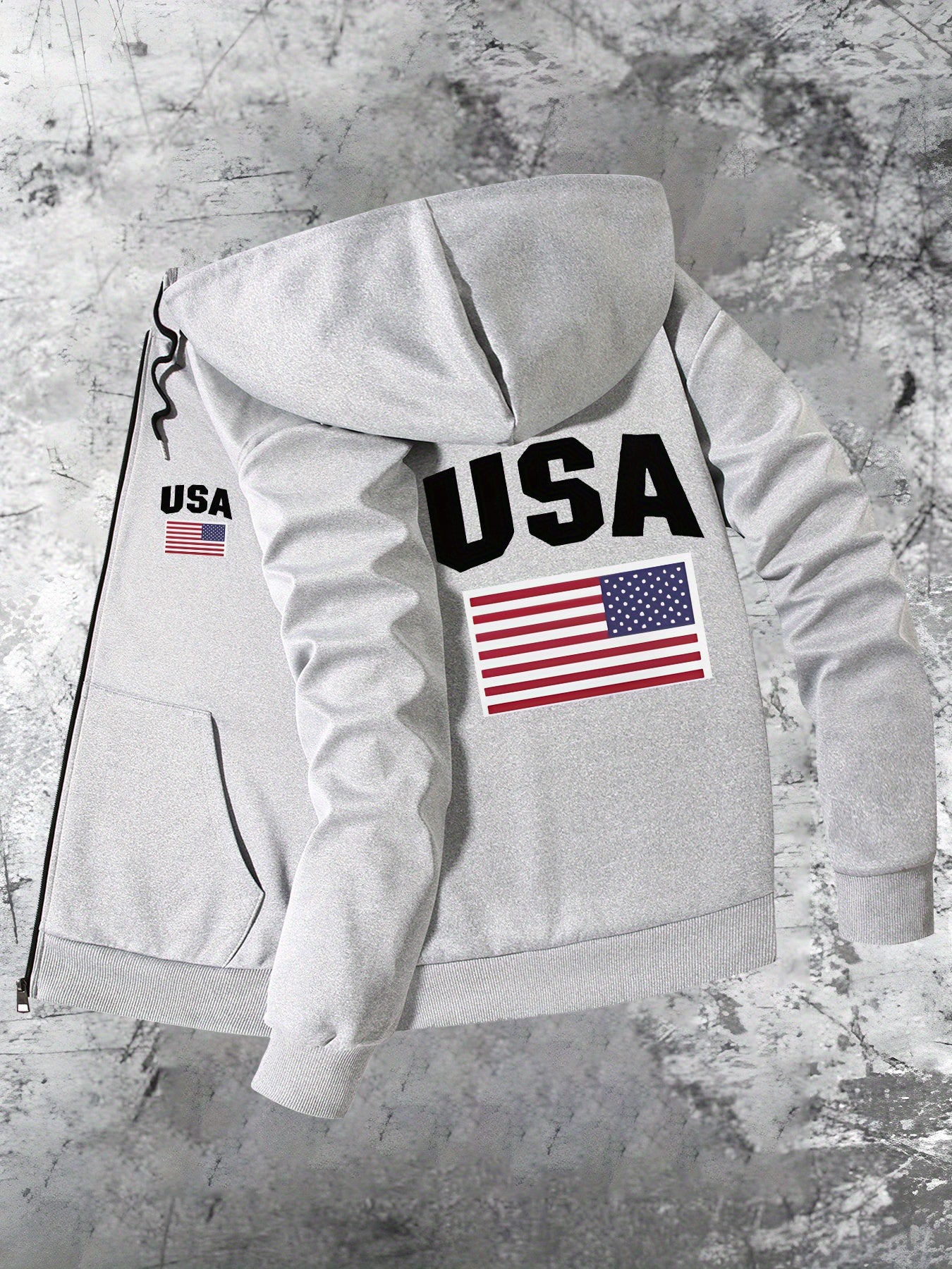 Patriotic USA Flag Print Hooded Slim Fit Jacket Zip Up