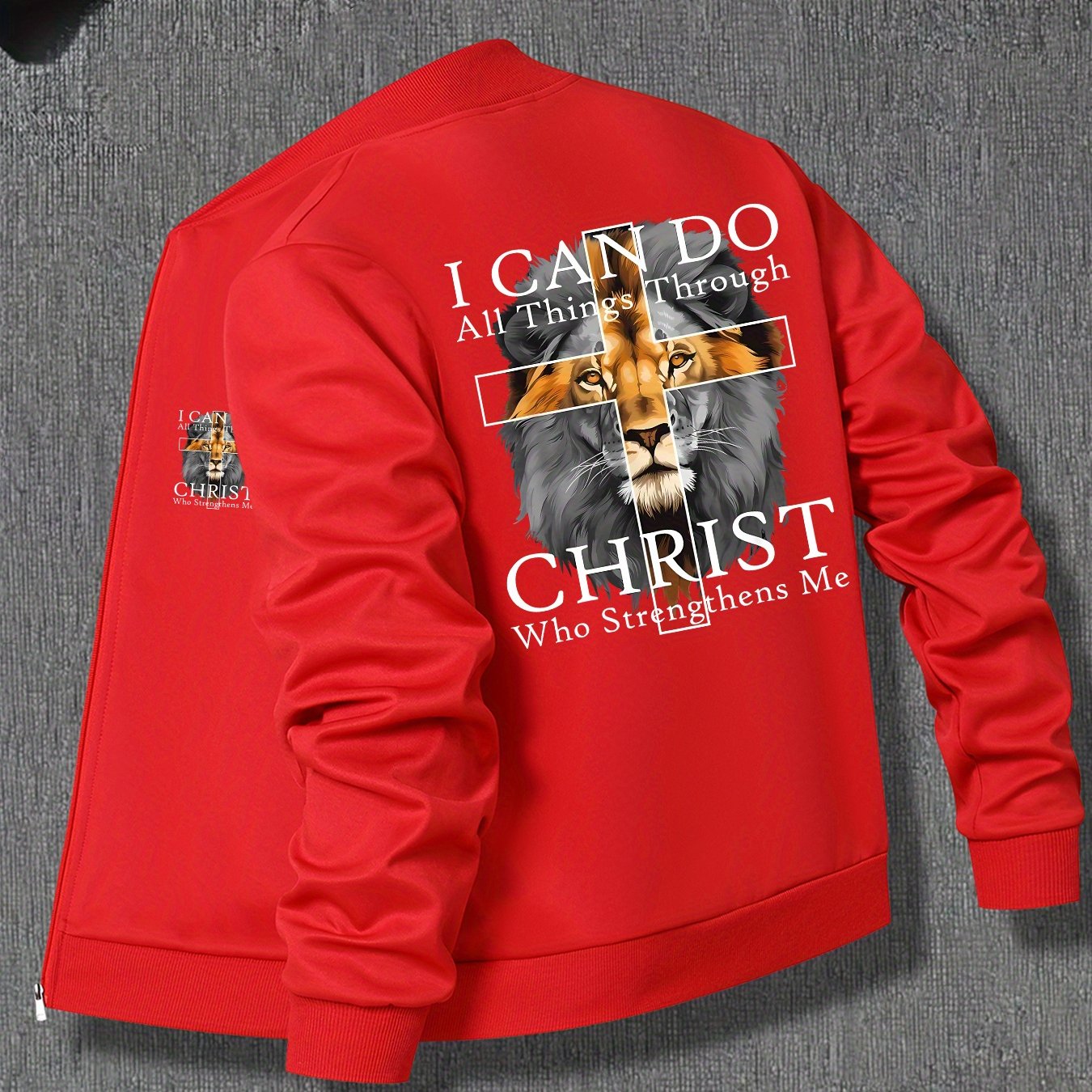 In His Divine Power Mens Lion Print Zip Up Jacket Pockets