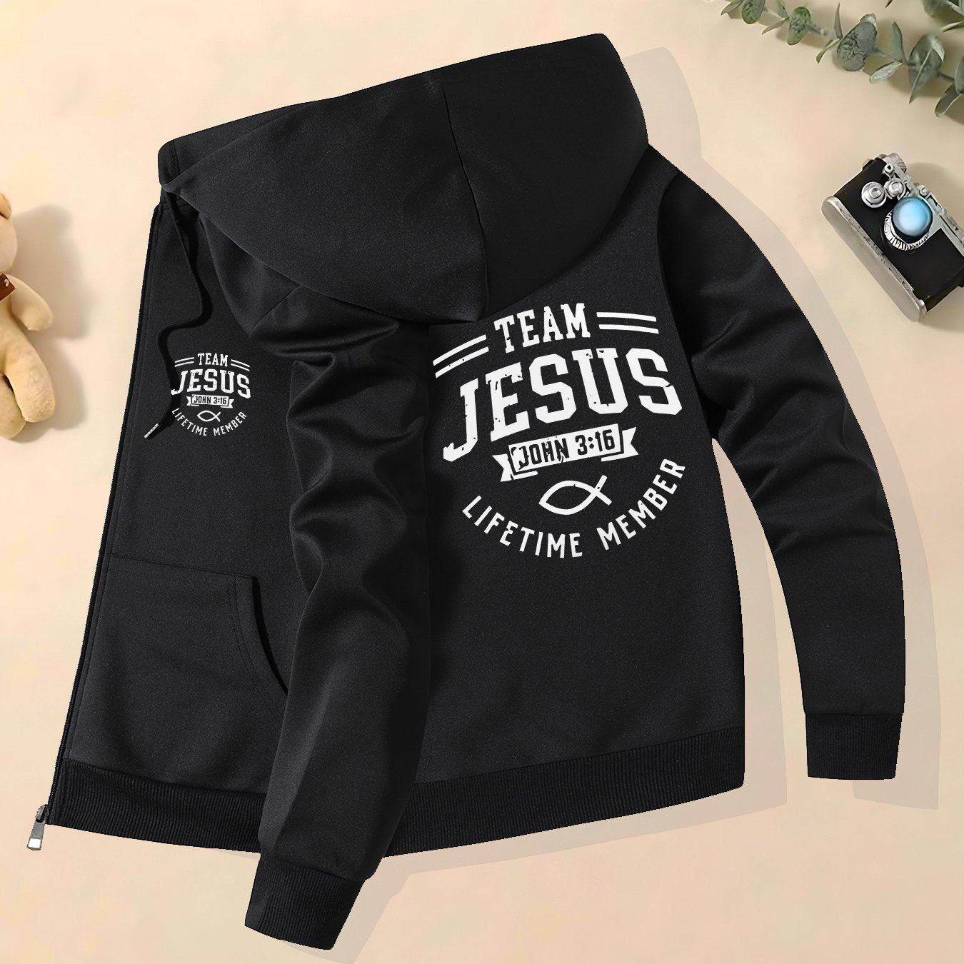 Mens Casual Hooded Polyester Jacket With Jesus Print
