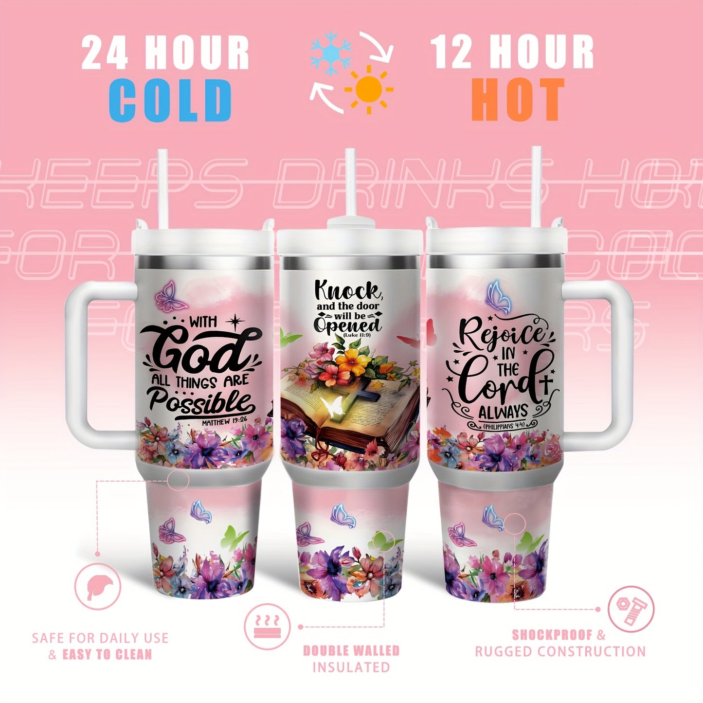 1pc 40 Ounces Insulated Stainless Steel Coffee Mug Water Bottle, "with God All Things Are Possible" - Large Capacity