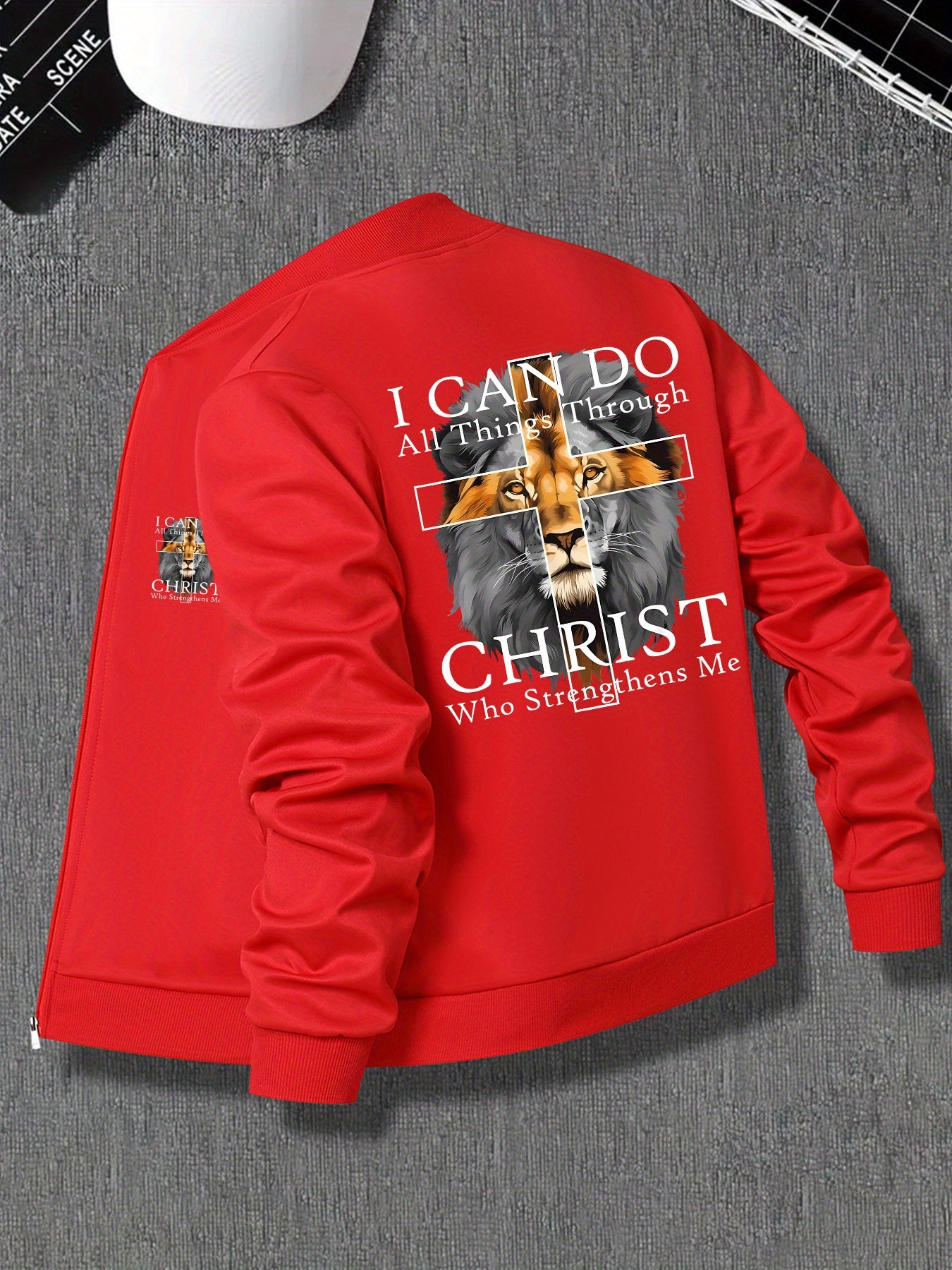 In His Divine Power Mens Lion Print Zip Up Jacket Pockets