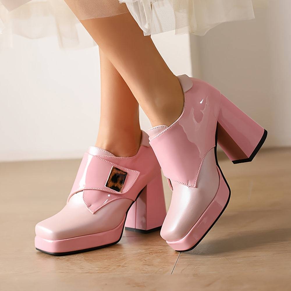 Women's Red PU Cover Mary Jane Dress Pumps High Heel Block Heel