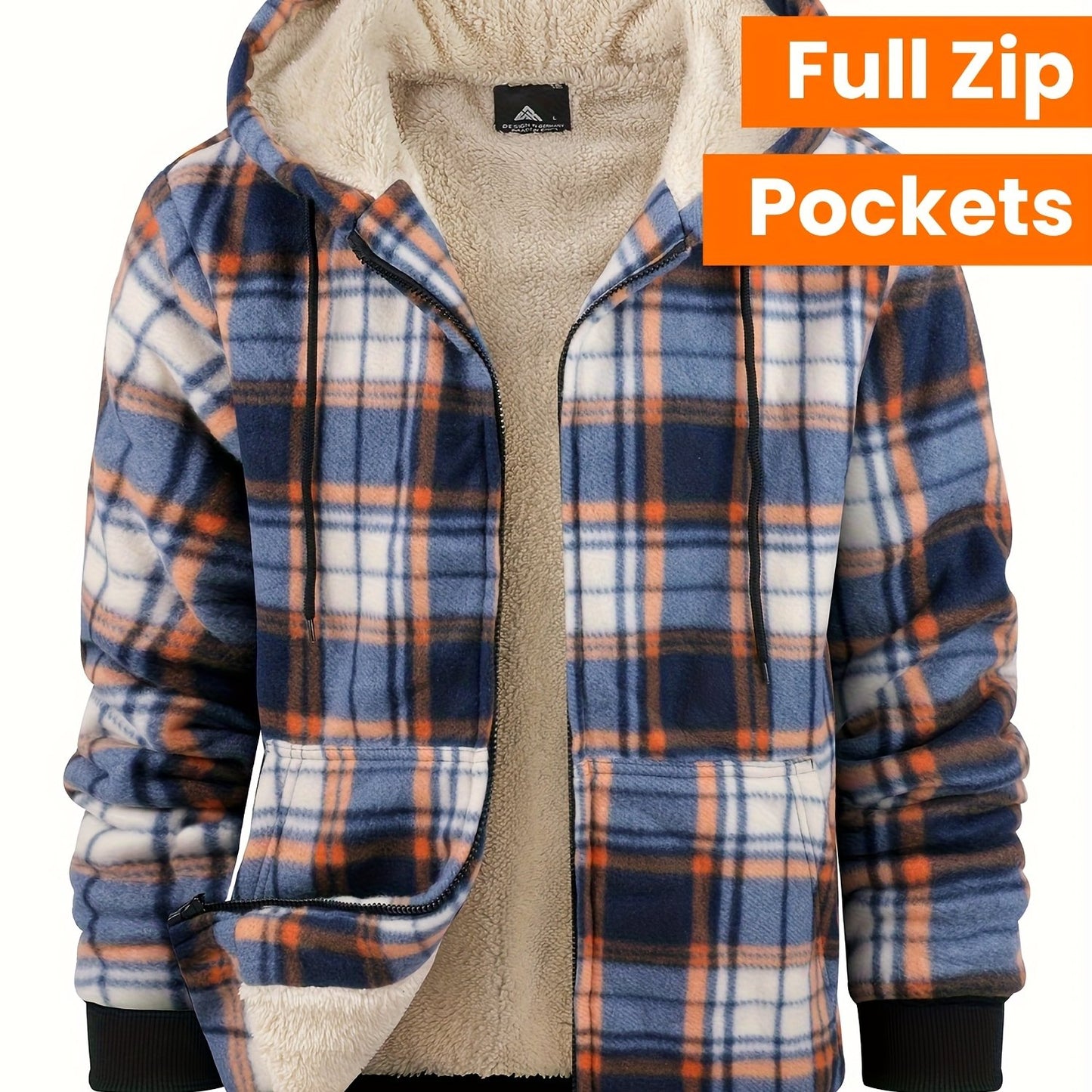 Divine Power Mens Plaid Fleece Hooded Jacket With Zipper