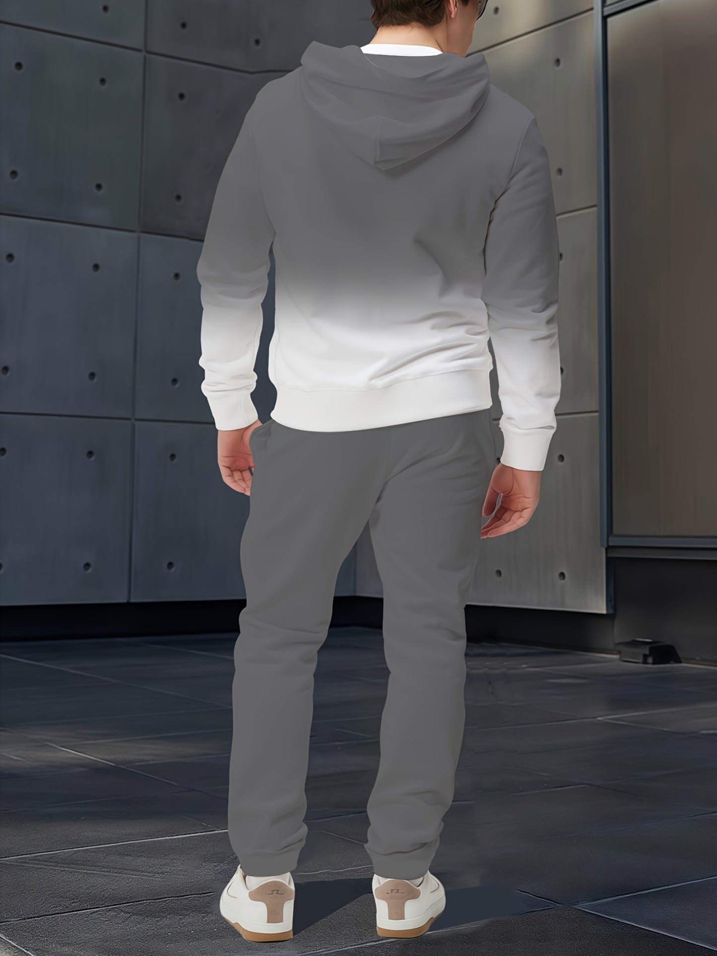 Gray Gradient Full-Body Print Hoodie & Sweatpants Set - Casual Long Sleeve Pullover