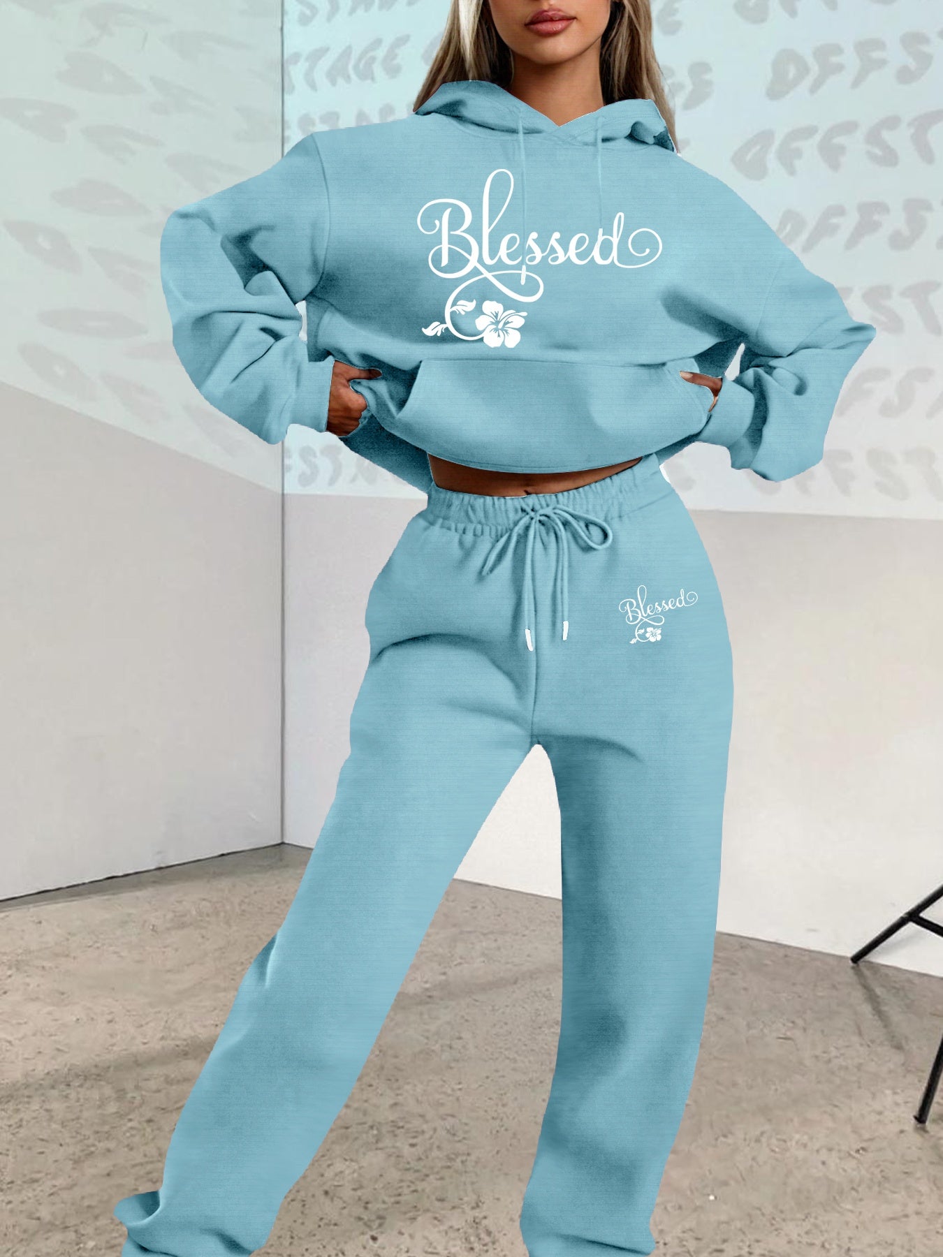 2025 Fall/Winter New Arrival, Creative Letter Graphic: Blessing Flower Sweatshirt Set with Casual Print Loose Warm Long-Sleeve Hooded Pullover and Elastic Drawstring Waist Pants Two-Piece Outfit