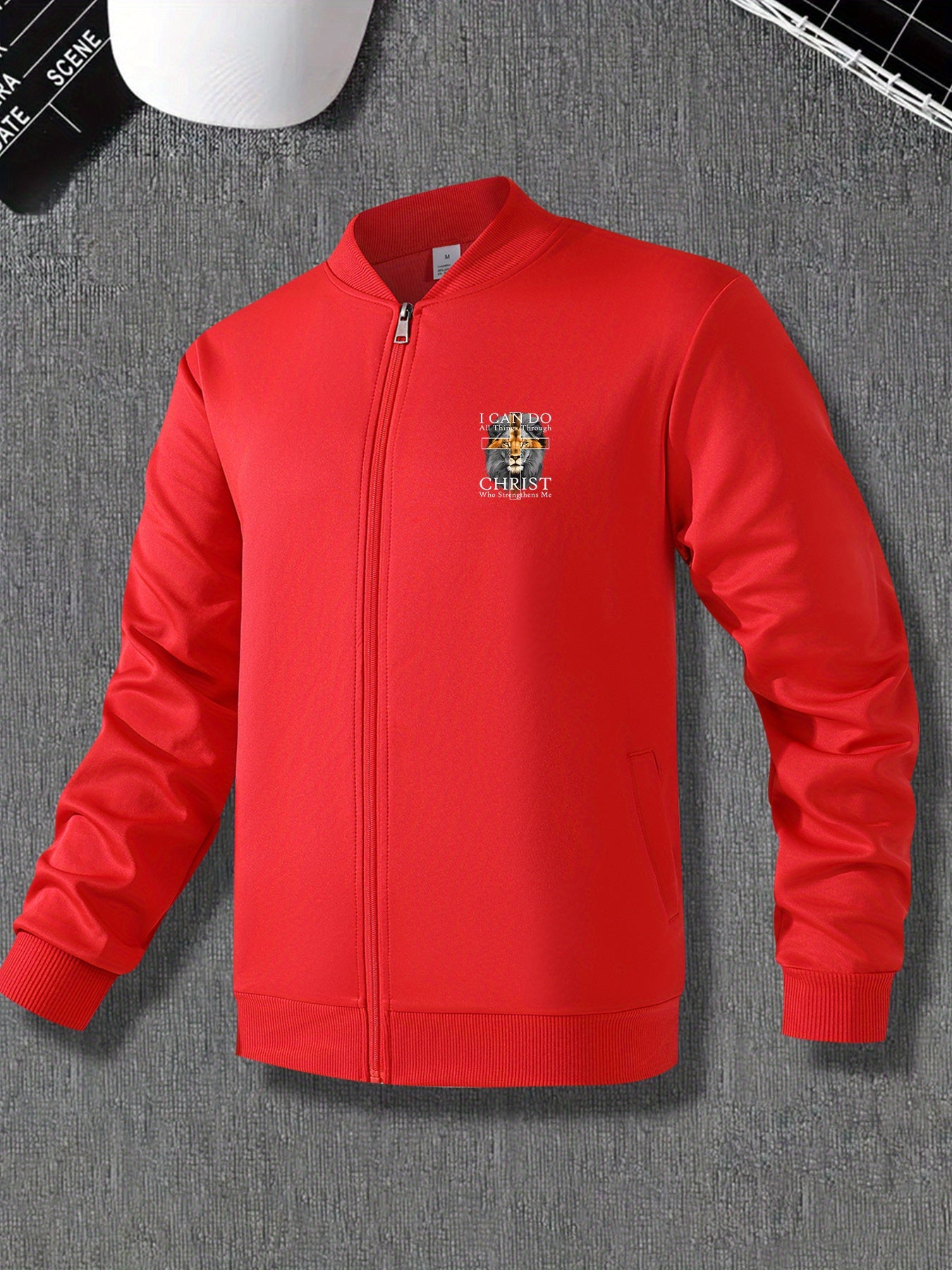 In His Divine Power Mens Lion Print Zip Up Jacket Pockets
