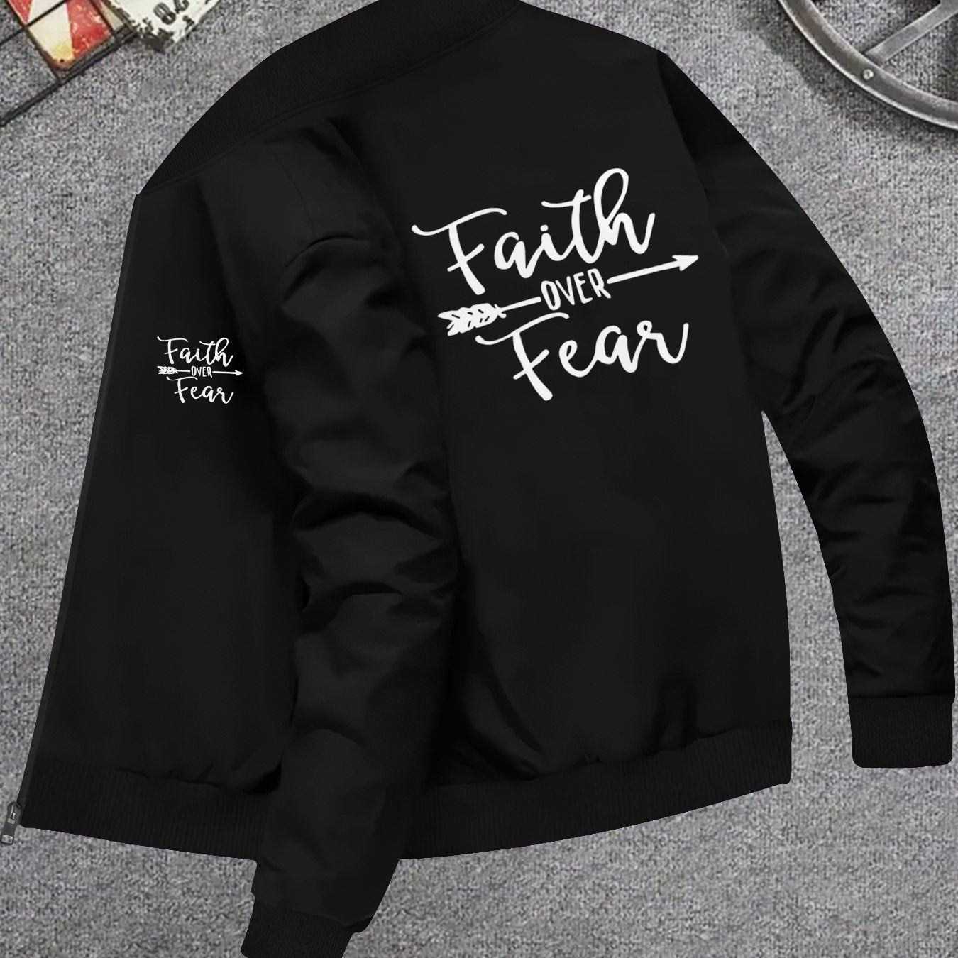 Faith Over Fear Graphic Stand Collar Jacket For Men