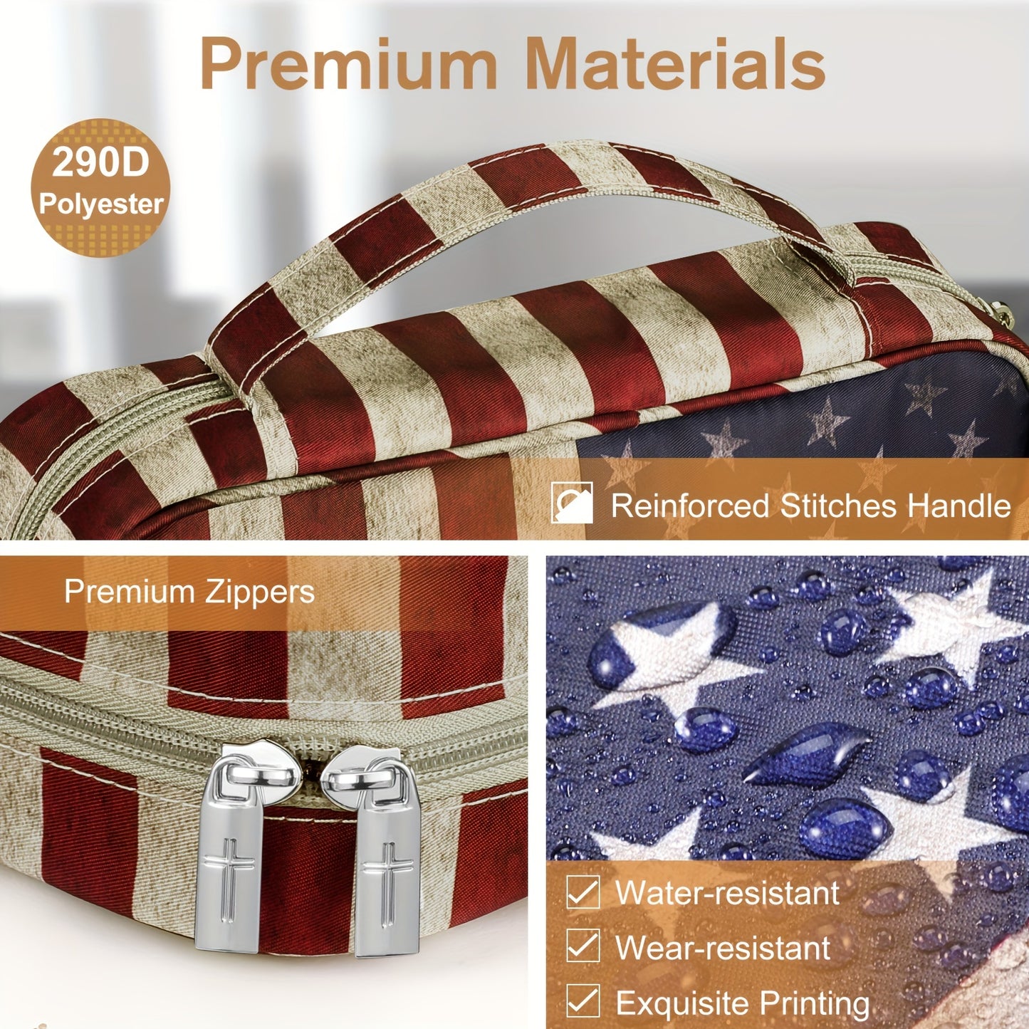 American Flag PU Leather Bible Cover with Handle and Zippered Pocket