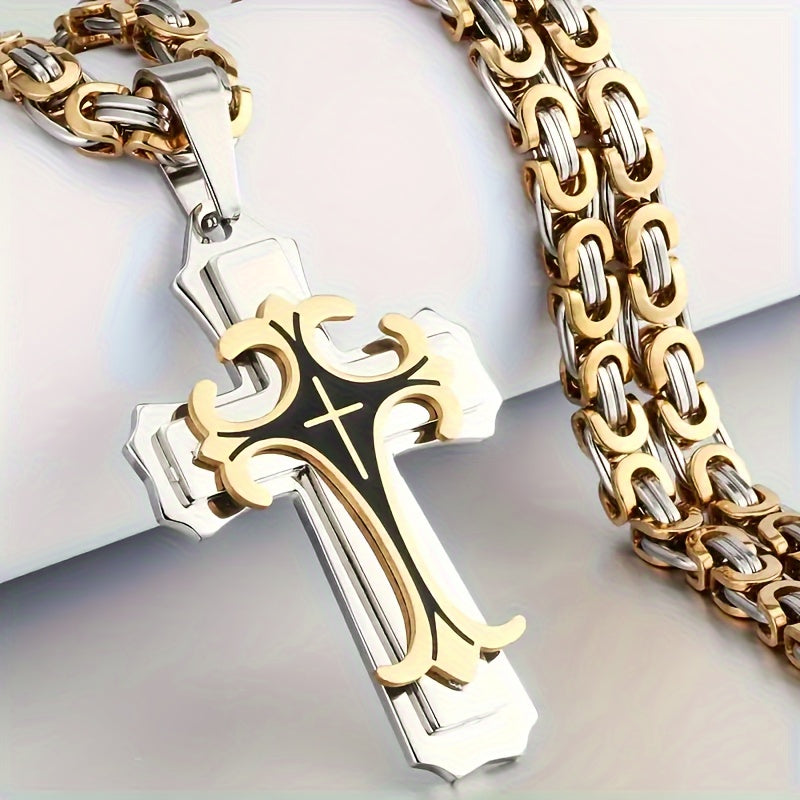 Men's Retro Cross Pendant Necklace and Simple Bracelet Set