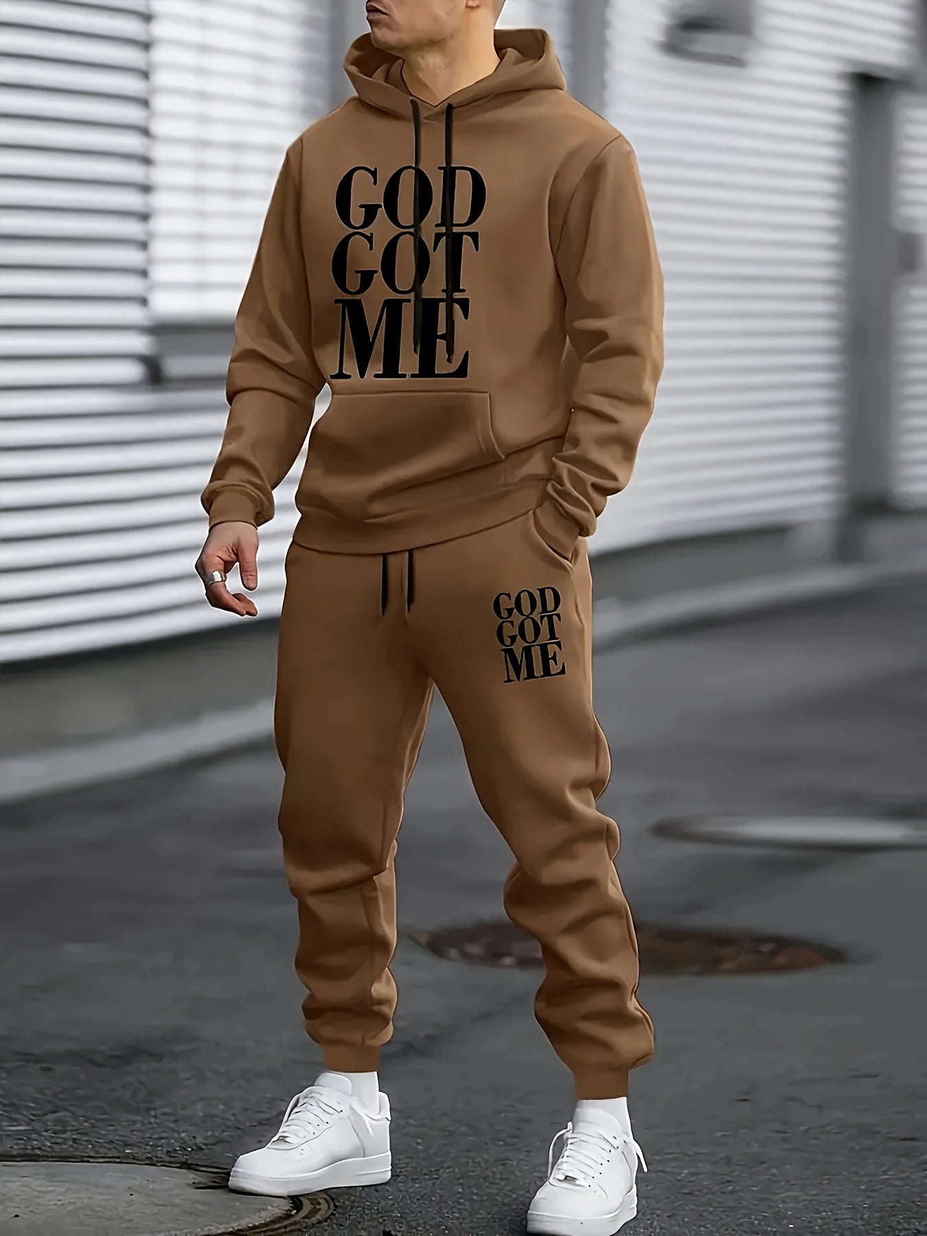 Men's Casual Polyester Hoodie and Sweatpants with God Got Me Print