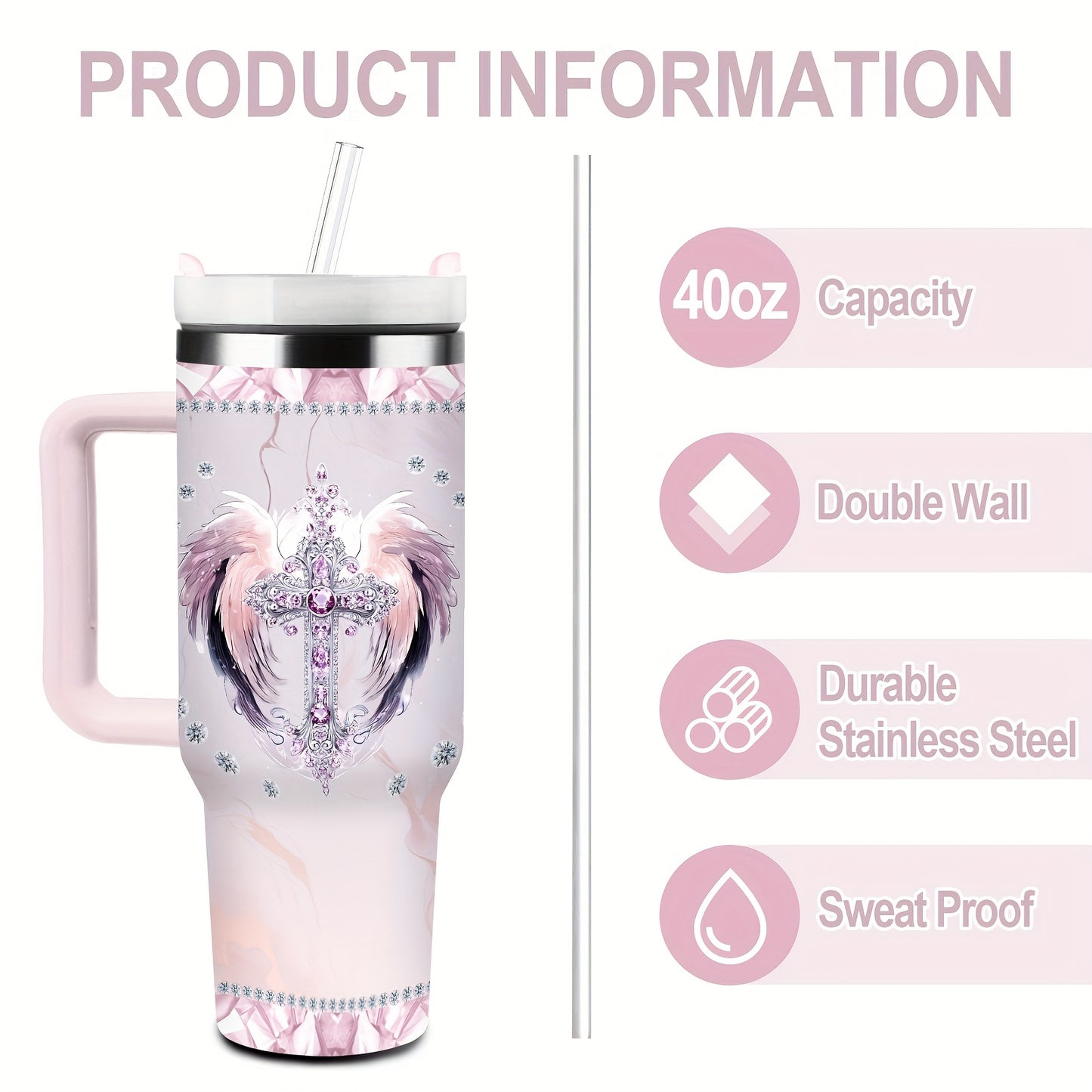 40oz Insulated Stainless Steel Tumbler with Straw & Lid - Elegant Cross & Wings Design