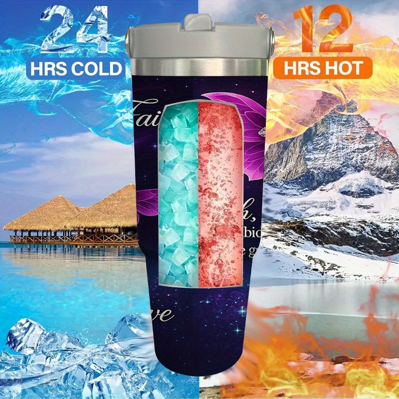 30oz Stainless Steel Tumbler with Straw & Handle, Purple Glitter, I Peter 1:3