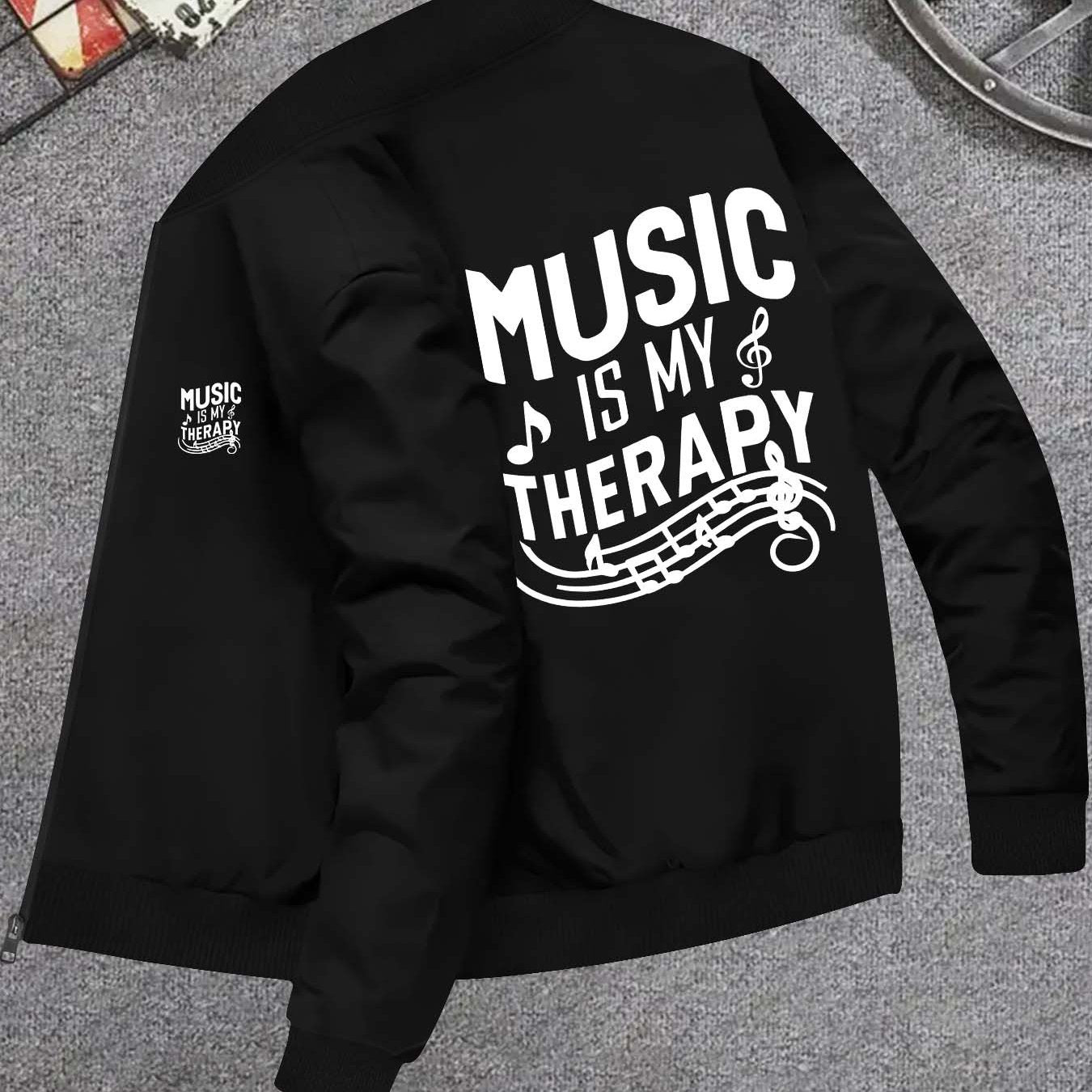 Mens Casual Music Print Zip Jacket Skinny Fit Outerwear