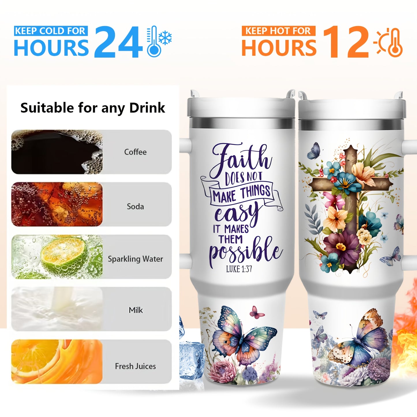 40oz Stainless Steel Insulated Coffee Cup with Lid & Straw - "Faith Doesn't Make Things Easy..."