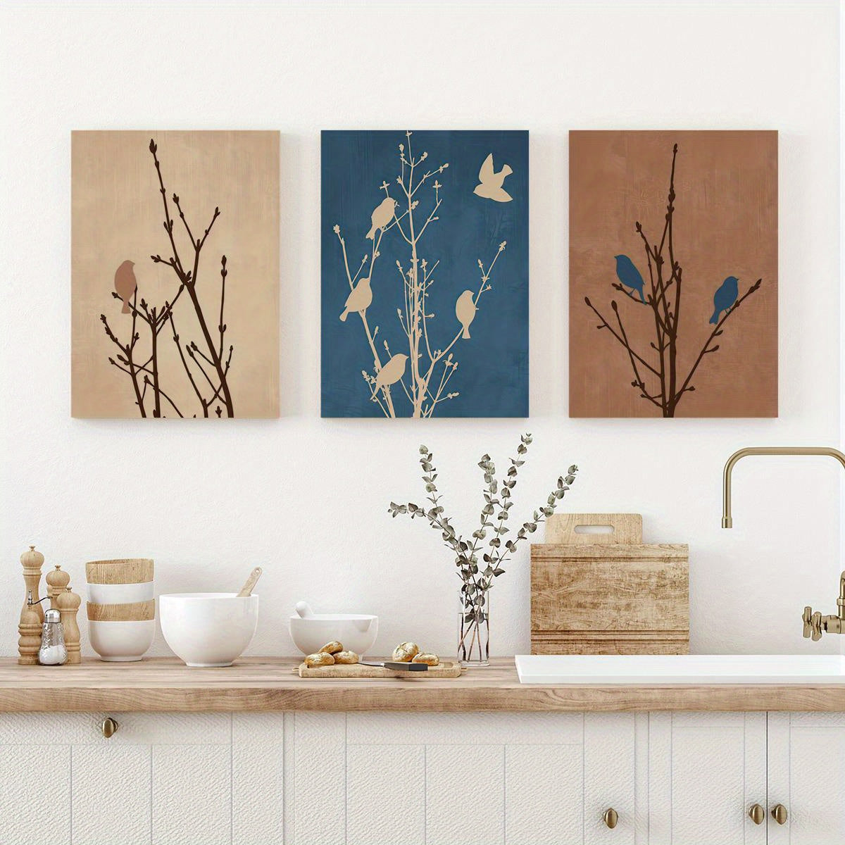 3 Pieces 2D Flat Bird Perch Art Decoration Wrapped Canvas Wall Art