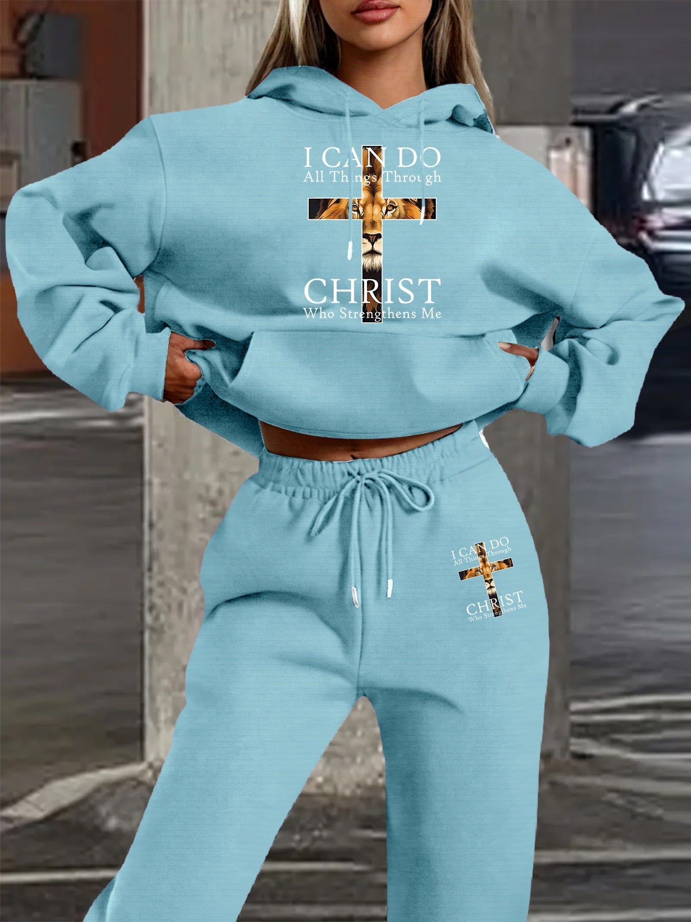 2025 Autumn Winter New Arrival, Christian Religious Letter Print Hoodie, Casual Loose Fit Warm Long Sleeve Pullover with Drawstring Waist and Pants Two-Piece Set, Women' Ribbed Two Piece Sweater Set, Airport Outfit For Women