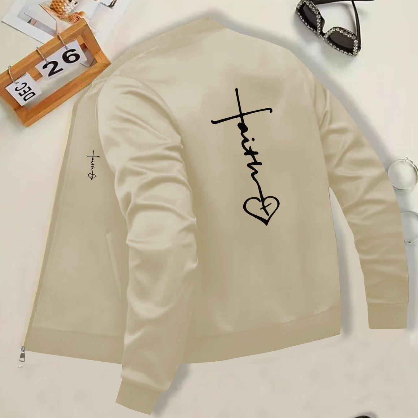 IHDP Faith Heart Print Casual Jacket Stand Collar ZipUp