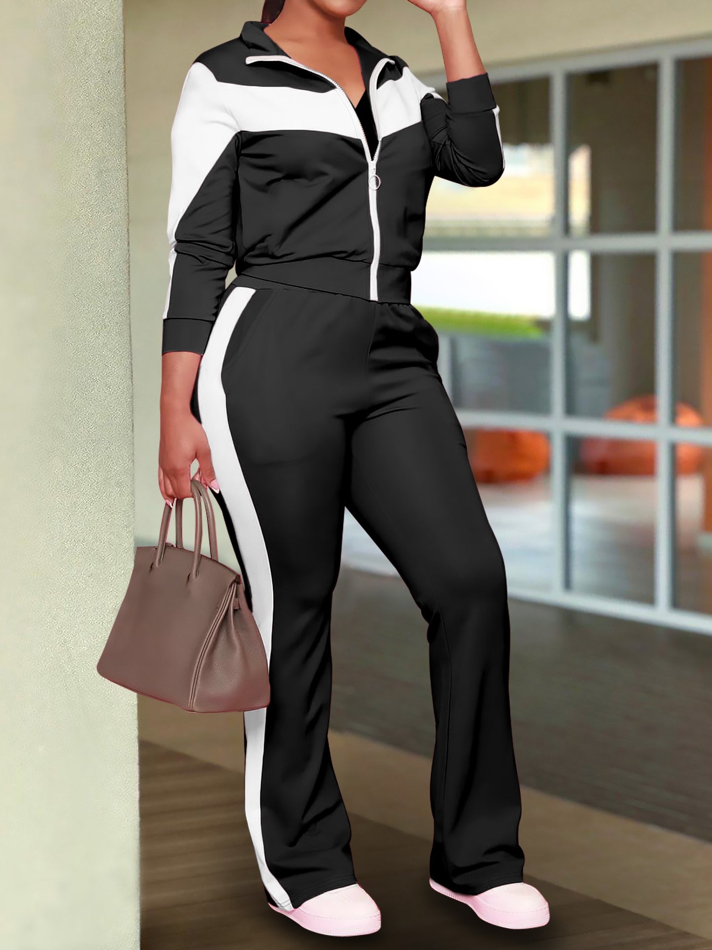 Women Fashion Sports Zip Up Jacket Casual Pants Set
