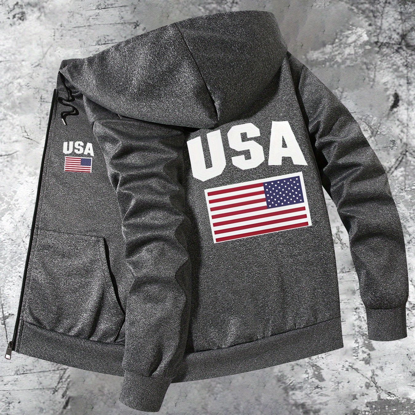 Patriotic USA Flag Print Hooded Slim Fit Jacket Zip Up