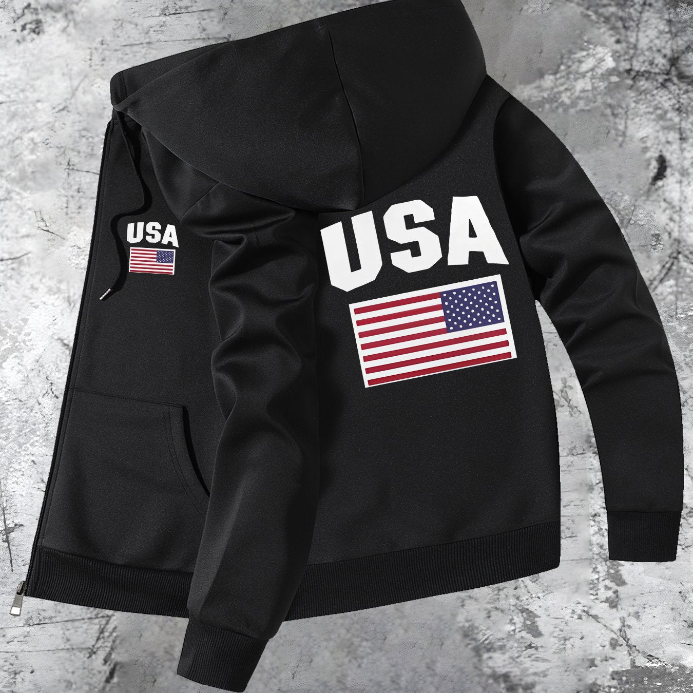 Patriotic USA Flag Print Hooded Slim Fit Jacket Zip Up