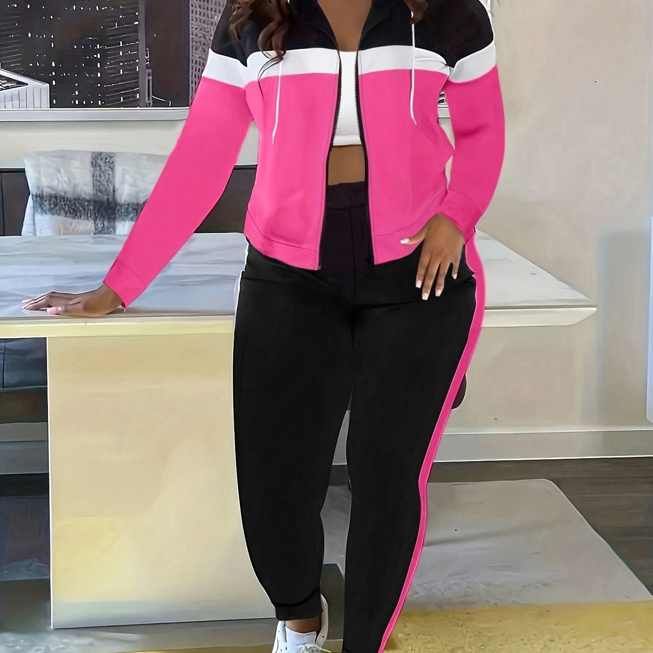 Women's Casual Striped Hooded Jacket And Pants Track Suit